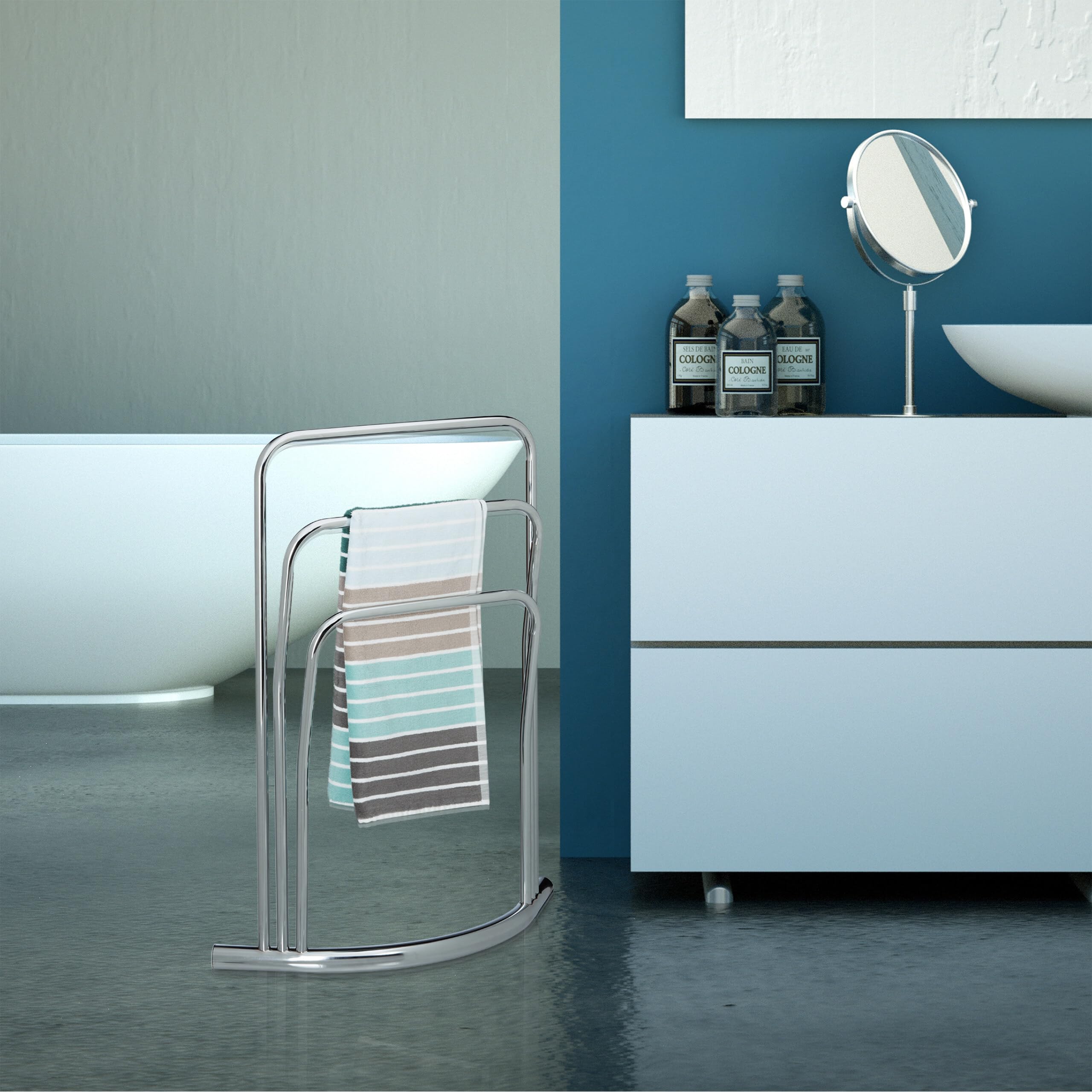 Relaxdays Porte-serviettes CURVY, 3 barres, en métal (acier), HLP : env. 85 x 66 x 20 cm, pour la salle de bain, argenté