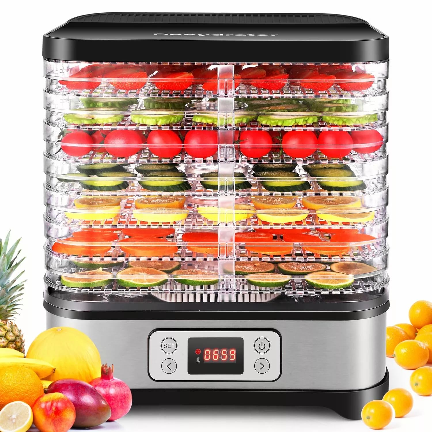 Nictemaw Essiccatore, Disidratatore in acciaio inox, Essiccatore Alimentare con 8 scomparti, regolazione della temperatura 35-70 ℃, per carne, frutta, verdura e noci, 400W