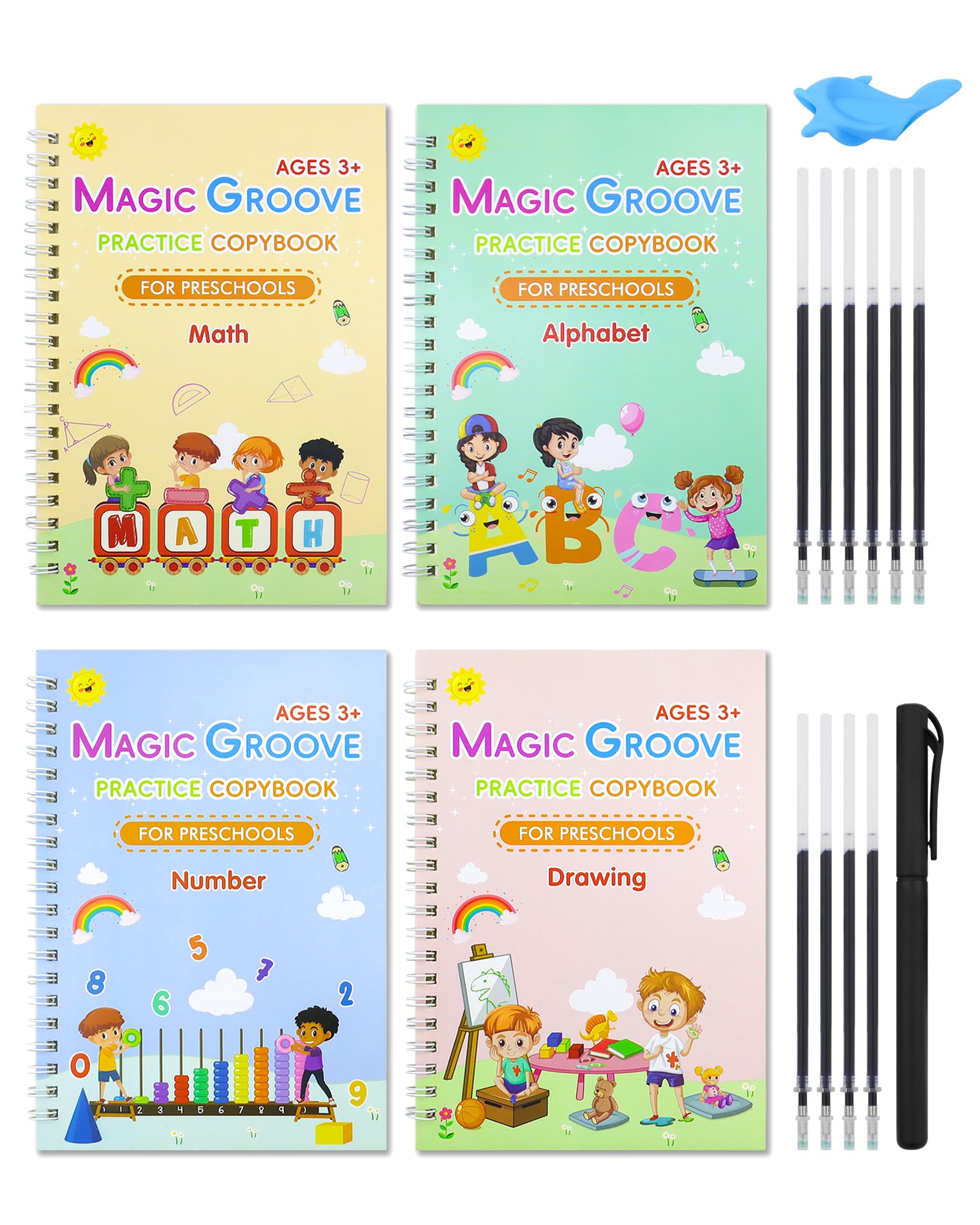 GAUENEEN Magic Practice Copybook, Reusable Writing Practice Book, Handwriting Aid for Preschool Kids Age 3-8 (4 Books with Pens)