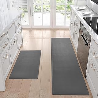 Kitchen Rugs, 2PCS Kitchen Mat, Anti Fatigue Kitchen Mats for Floor, Non-Slip Kitchen Rugs Sets of 2, Waterproof Cushioned Standing Desk Mat, Washable Kitchen Mat Set, 17.3"×30"+17.3"×59",Grey