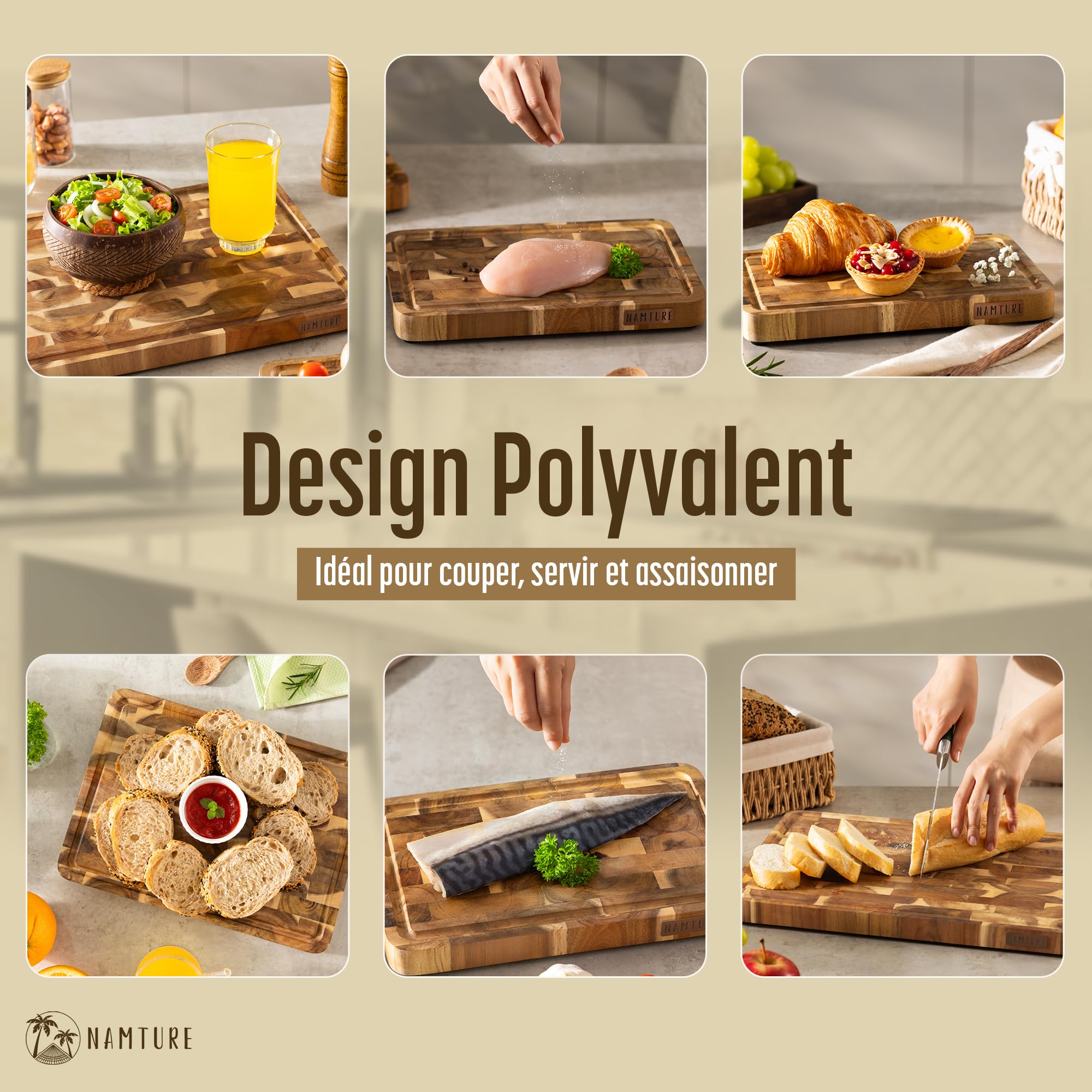 Set de 3 Planches à Découper en Bois d’Acacia – Billots Bois de Bout avec Rigole à Jus, Pieds Antidérapants & Support – Coffret Cadeau Premium