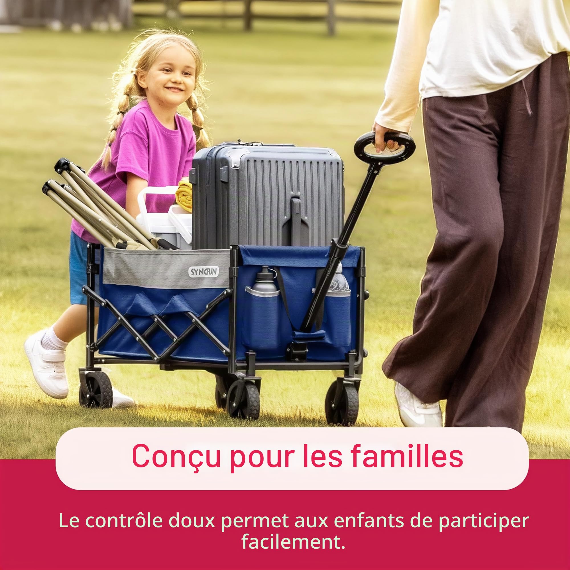 SYNCFUM Chariot de Chariot Pliable avec Roues, Robuste, 250 kg, avec poignée Flexible, Chariot Utilitaire de Plage pour Jardin, Camping et Bleu