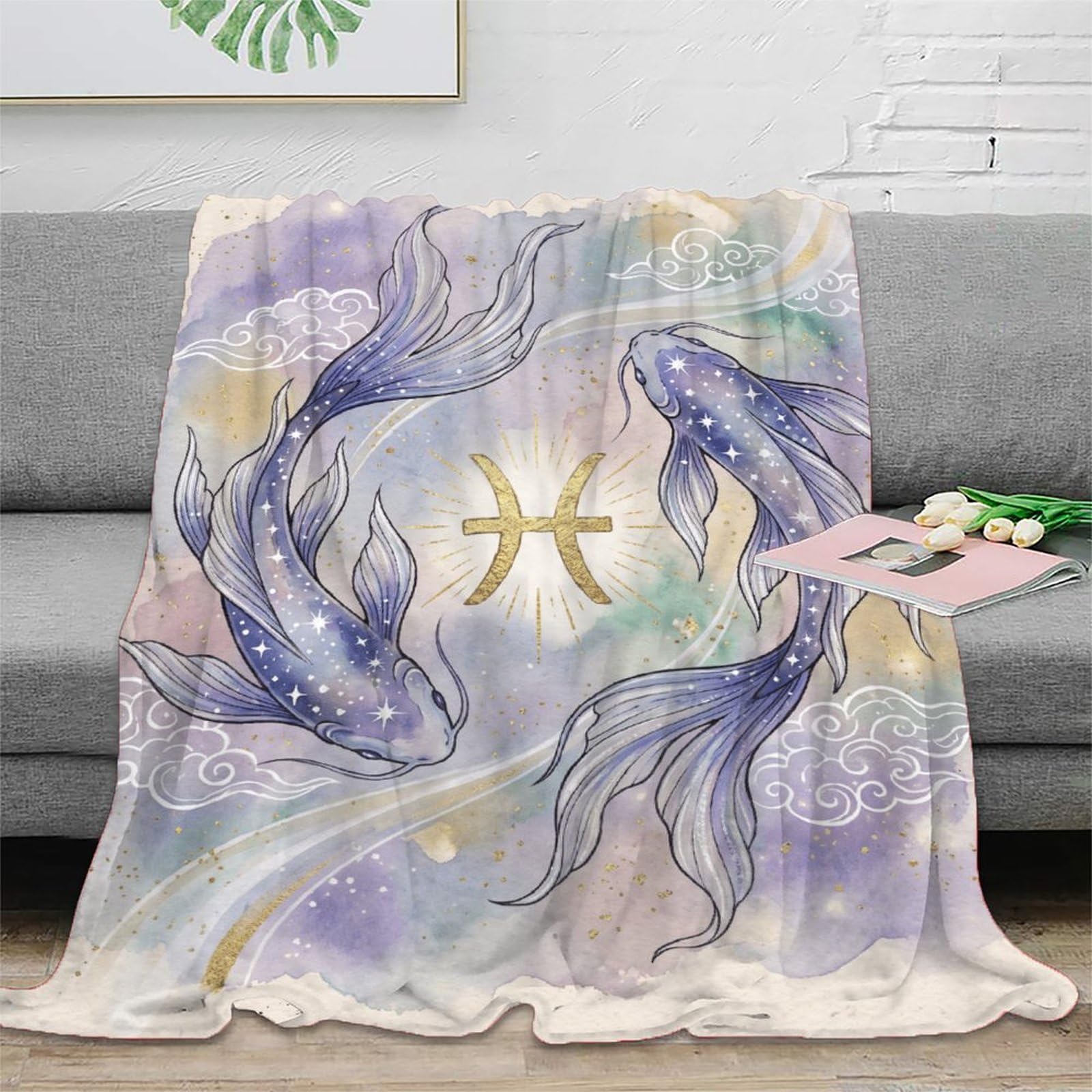 H3B8U2Y5 Pisces Koi Watercolor Blanket, Flannel, Sofa, Tranquil Pond Print