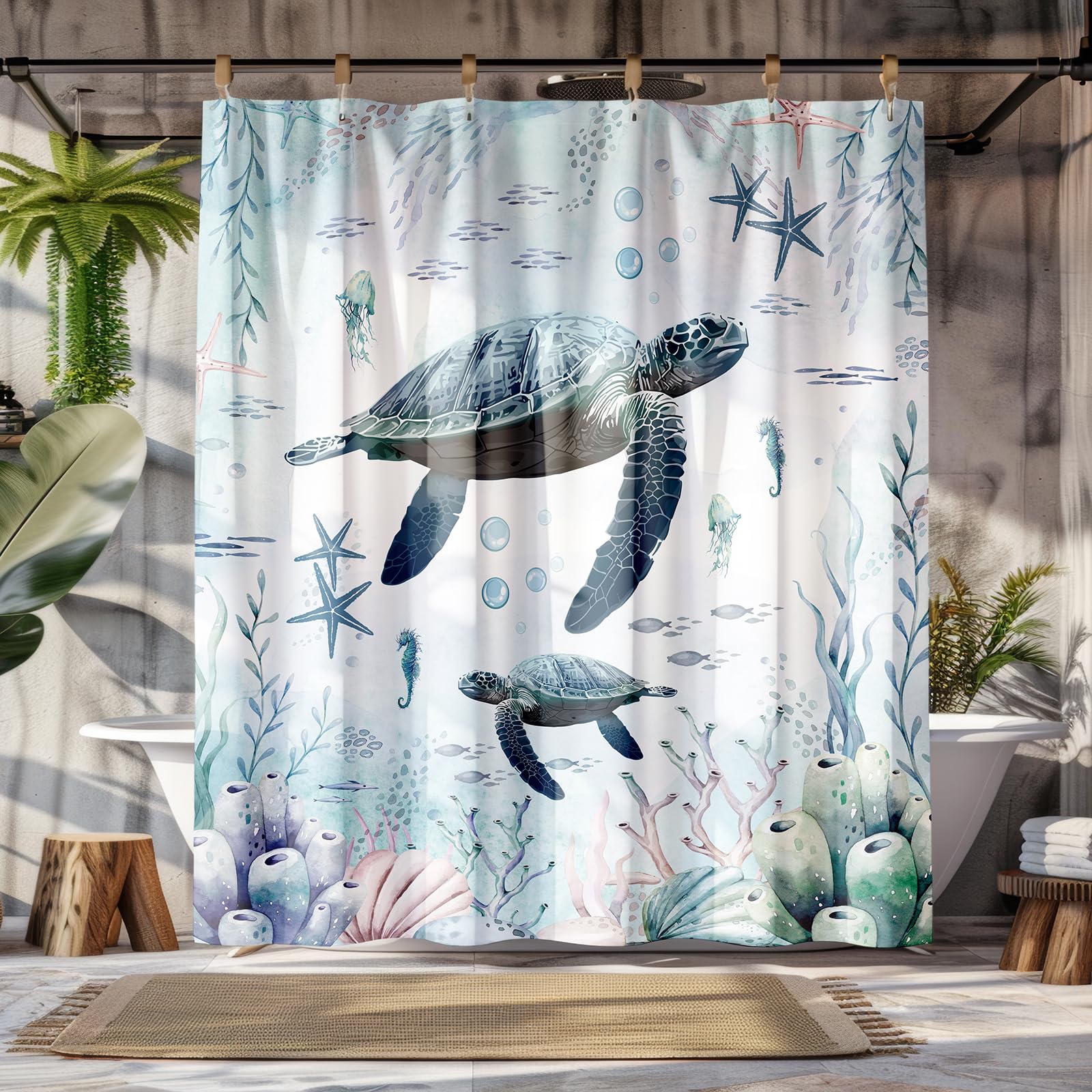 Peopleareok Nautical Coastal Shower Curtain, Sea Turtle Starfish Shower Curtain for Bathroom Decor, Polyester Fabric Bathroom Decor Set with 12 Hooks,