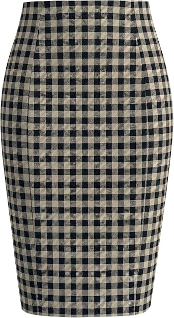 Kate Kasin Women Plaid Pencil High Waist Knee Length Bodycon Skirt