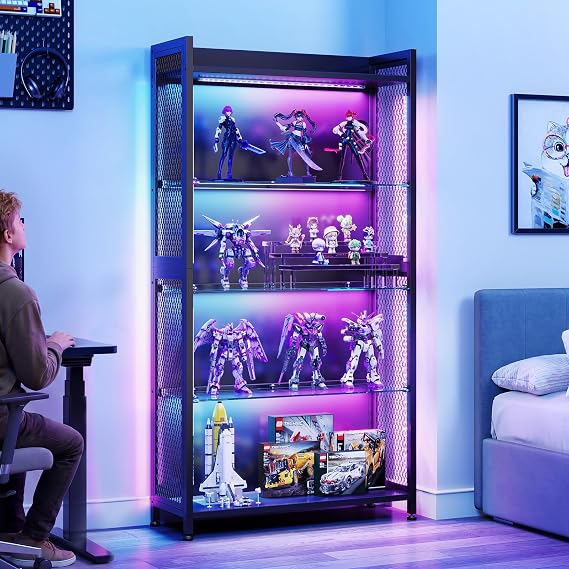 AODK Display Case with Glass Shelves, RGB Light 4-Tier Display Cabinet
