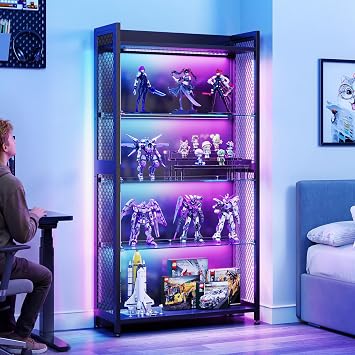 AODK Display Case with Glass Shelves, RGB Light 4-Tier Display Cabinet