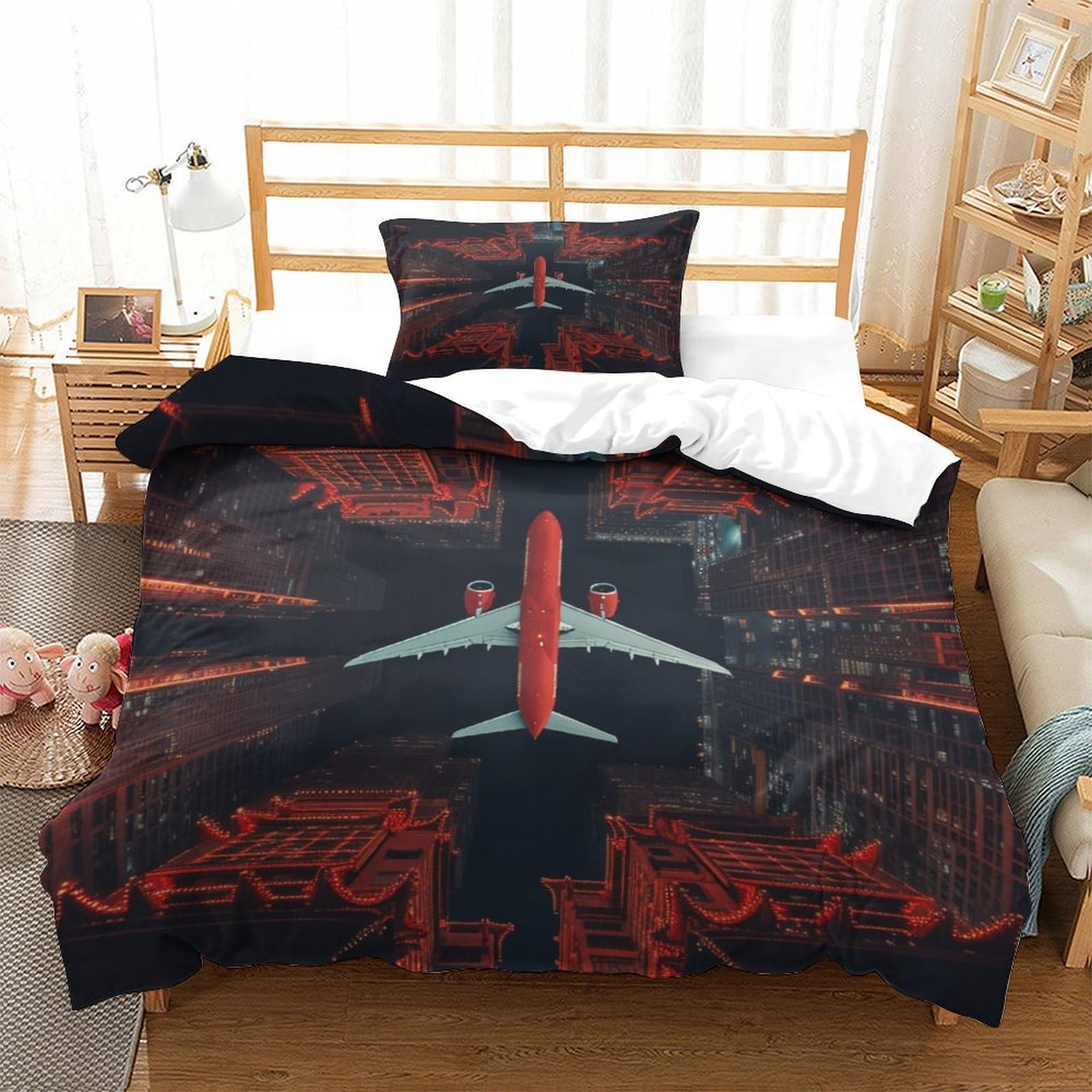P1s9u7w5y Aircraft-7 Urban Flight 3D Printed 3Pcs Airplane Duvet Cover Set Microfiber Aviation Bedding Set Single（135X200cm）