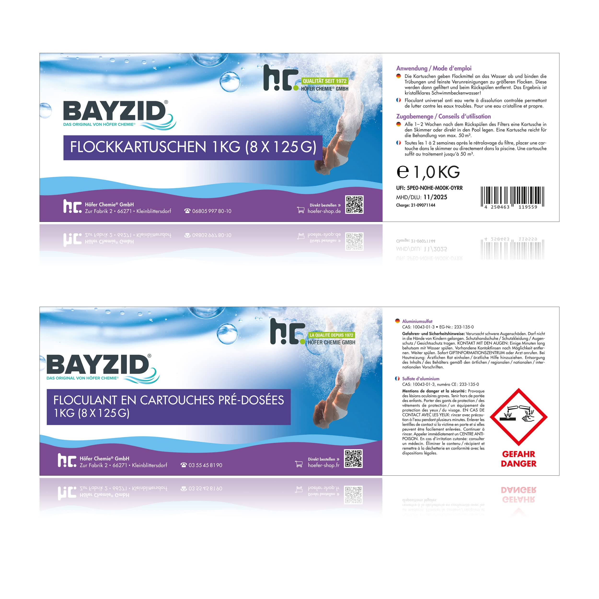 Höfer Chemie 4 x 1 kg BAYZID® Cartouches de Floculant Piscine Pré-dosées (8 x 125 g) - Élimination Rapide des Impuretés pour Piscines avec Filtres à Sable, Facile à Utiliser