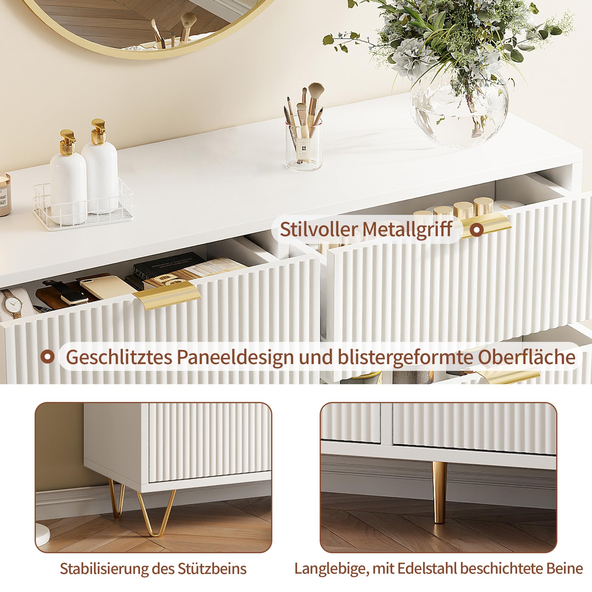 Cassettiera bianca, cassettiera moderna, 6 cassetti, in legno con manici dorati, cassettiera per camera da letto, piccola scanalata (6 cassetti)