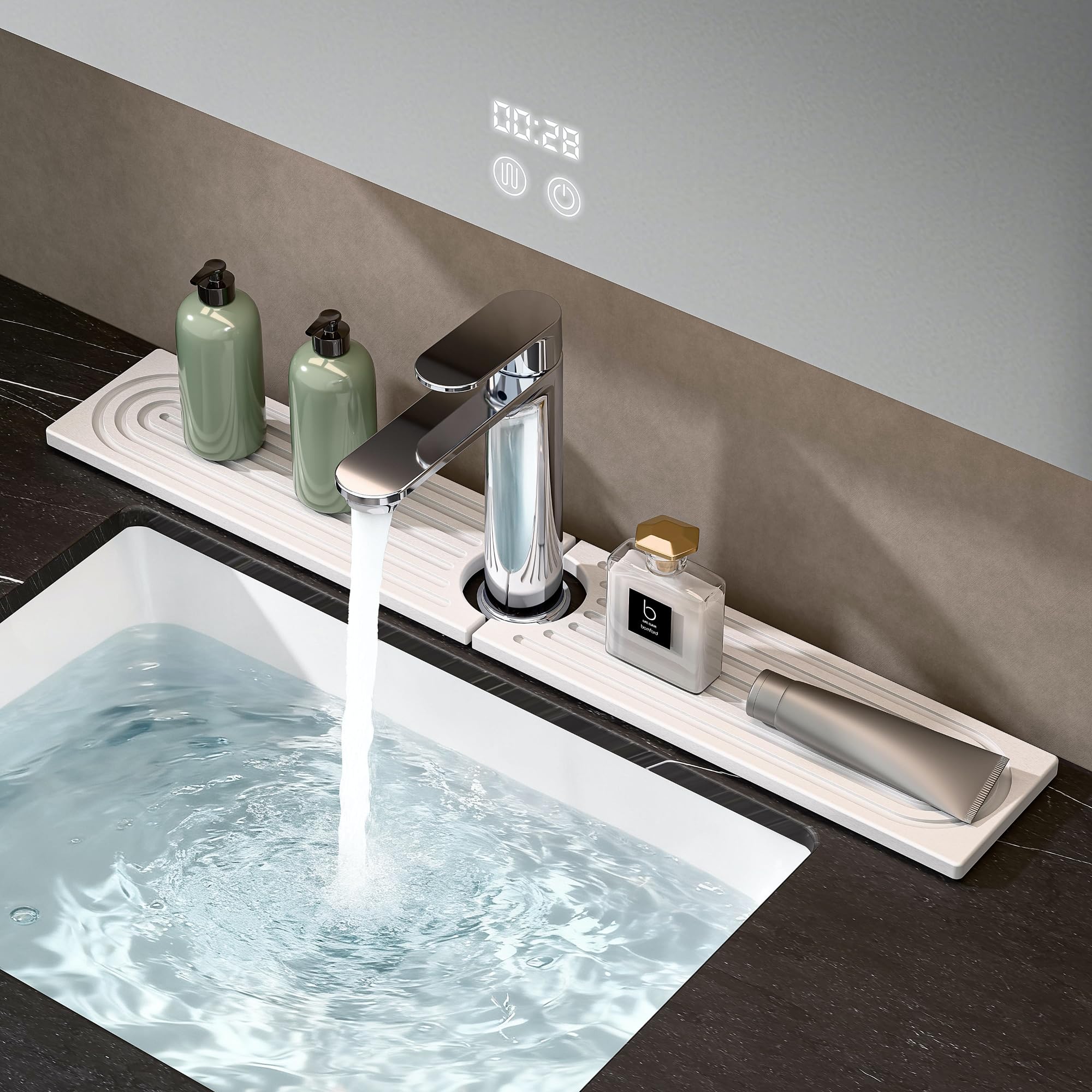 Faucet Mat for Kitchen Sink, Stone Drying Mat for Kitchen Counter, Stone Mat Bathroom, Kitchen Mat, Sink Mat, Water Absorbing Stone Tray for Sink, Bathroom Stone Mat (WHITE, 23.6*4")