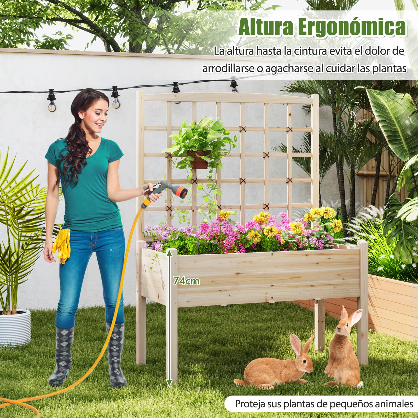 COSTWAY Huerto Urbano Elevado de Madera con Enrejado, Agujeros de Drenaje, Caja de Plantas Elevada de Madera con Piernas para Enredaderas, Flores, Hierbas, Verduras, Maceta para Patio y Balcón