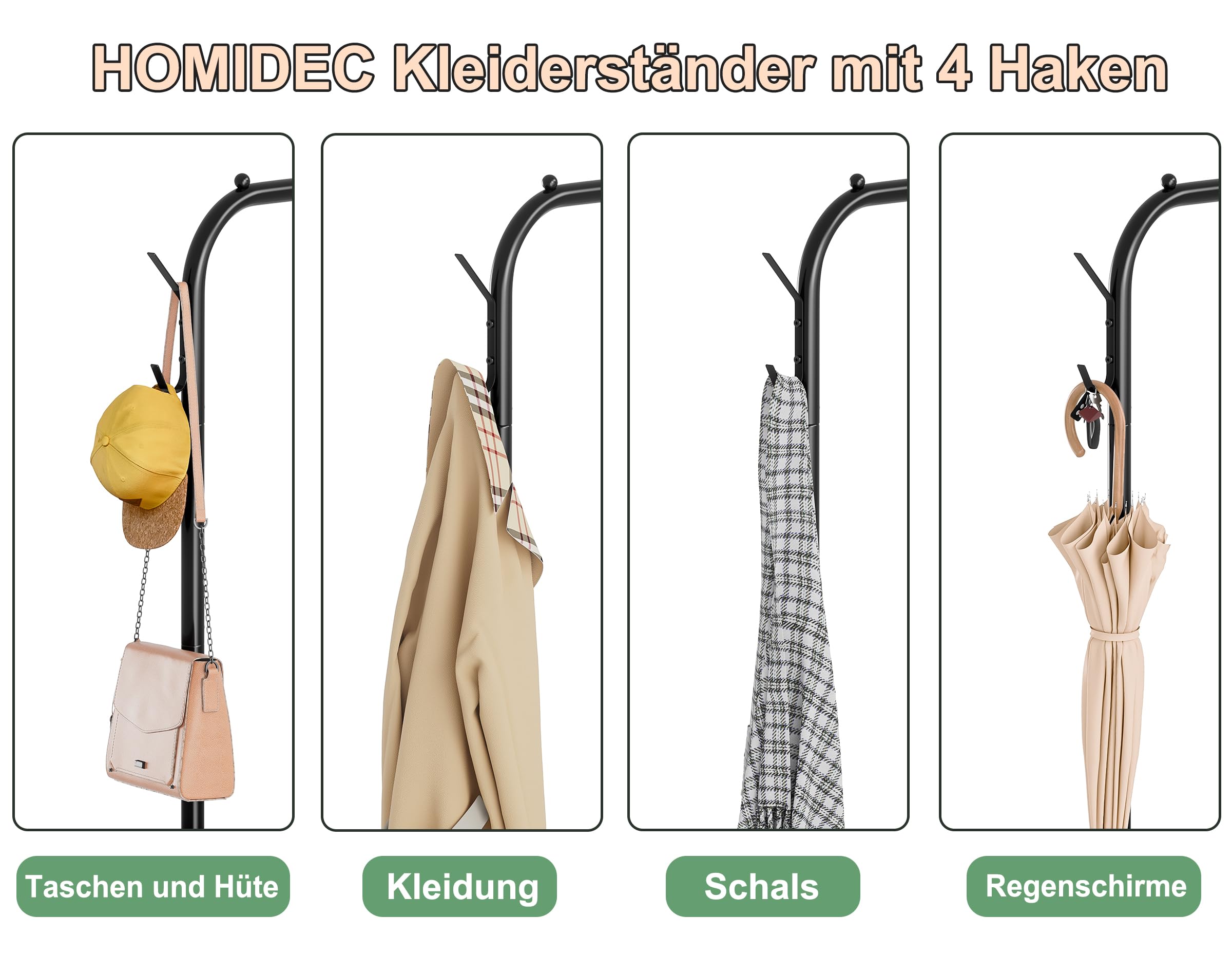 HOMIDEC Kleiderständer auf Rollen, Kleiderstange mit Haken und Metallablage, Garderobenständer, 100 x 41 x 160cm, für Schlafzimmer, Waschküche, bis 40 kg belastbar, Schwarz