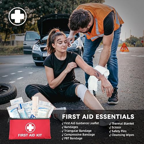 Miniatura 5 de Bolsa de seguridad de emergencia para automóvil con compresor de aire portátil, cables de puente, kit de primeros auxilios, medidor de presión de