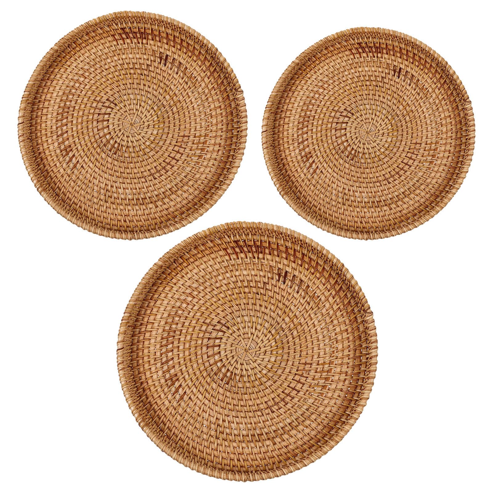 3 Pezzi Cesto Rotondo in Rattan Intrecciato Artigianalmente,