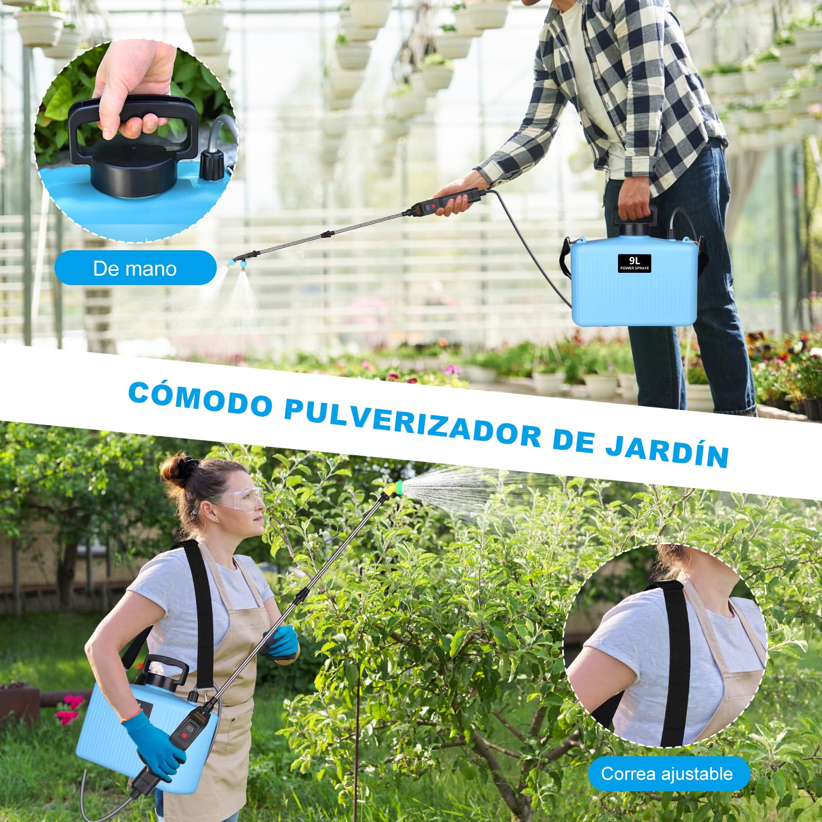 Pulverizador Eléctrico 9L, Jardin Pulverizador con 3 boquillas, Varilla Retráctil, Pulverizadors Plantas Recargable por USB con Correa para el Hombro