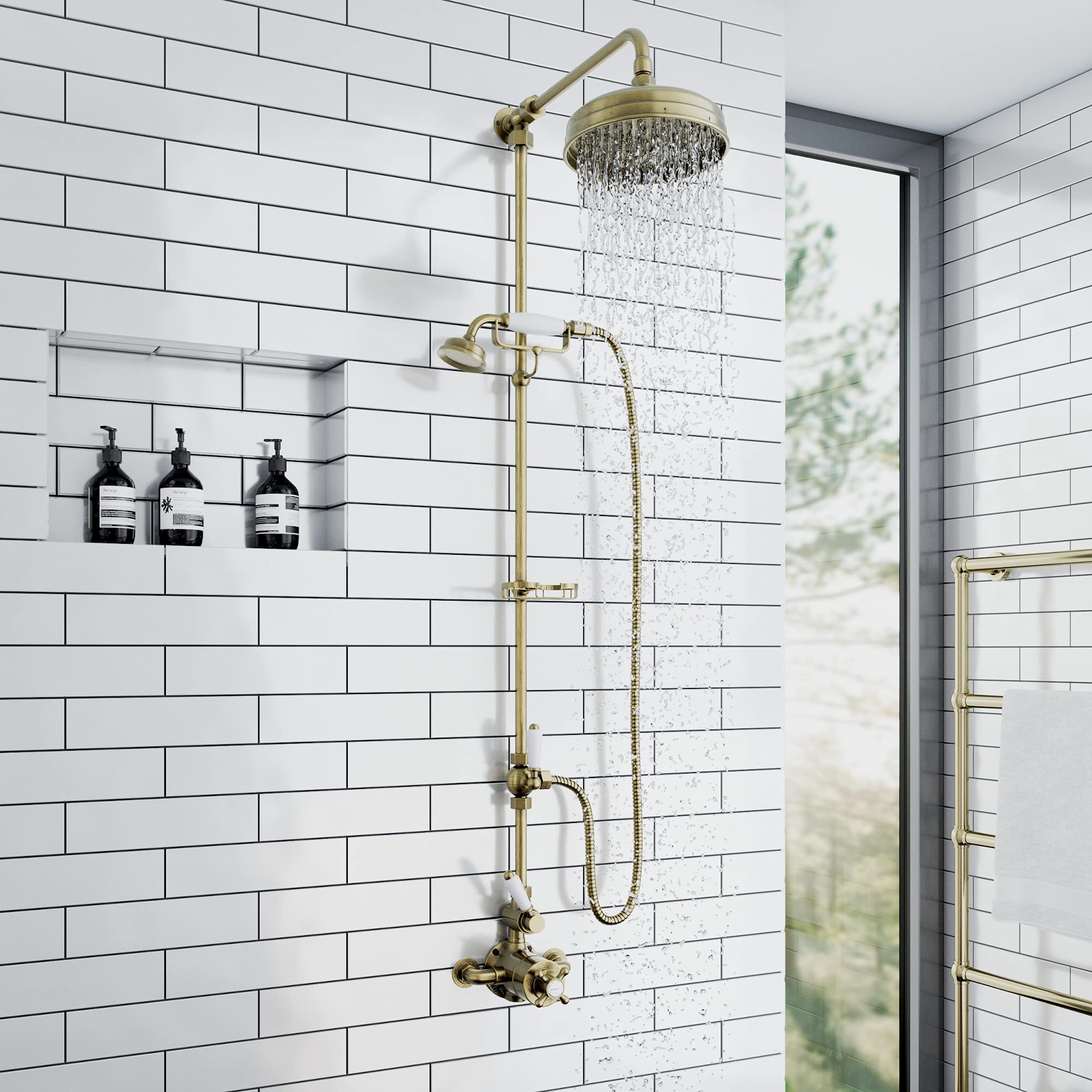 ENKI, Downton, SH0176, Traditional Shower Set with 2 Shower Head Outlets, Telephone Style Cradle & Soap Dish, Twin Thermostatic Shower Valve, Antique Brass Shower Tap