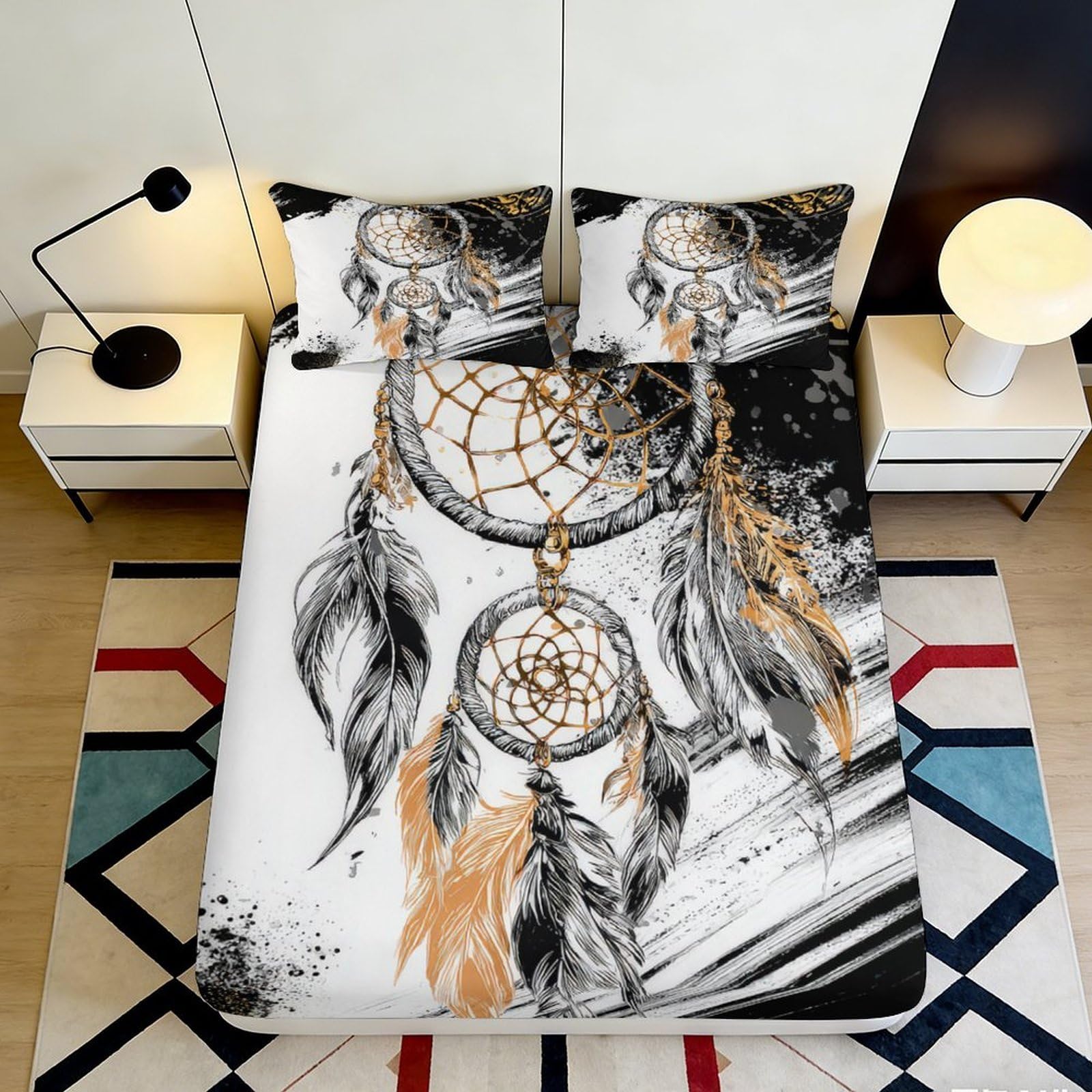 3D Printed Dreamcatcher Fitted Sheet Microfiber Soft Breathable Feather Pattern Bed Cover for Bedroom Dormitory Guest Room Mattress Protection Decor 160x200x25cm