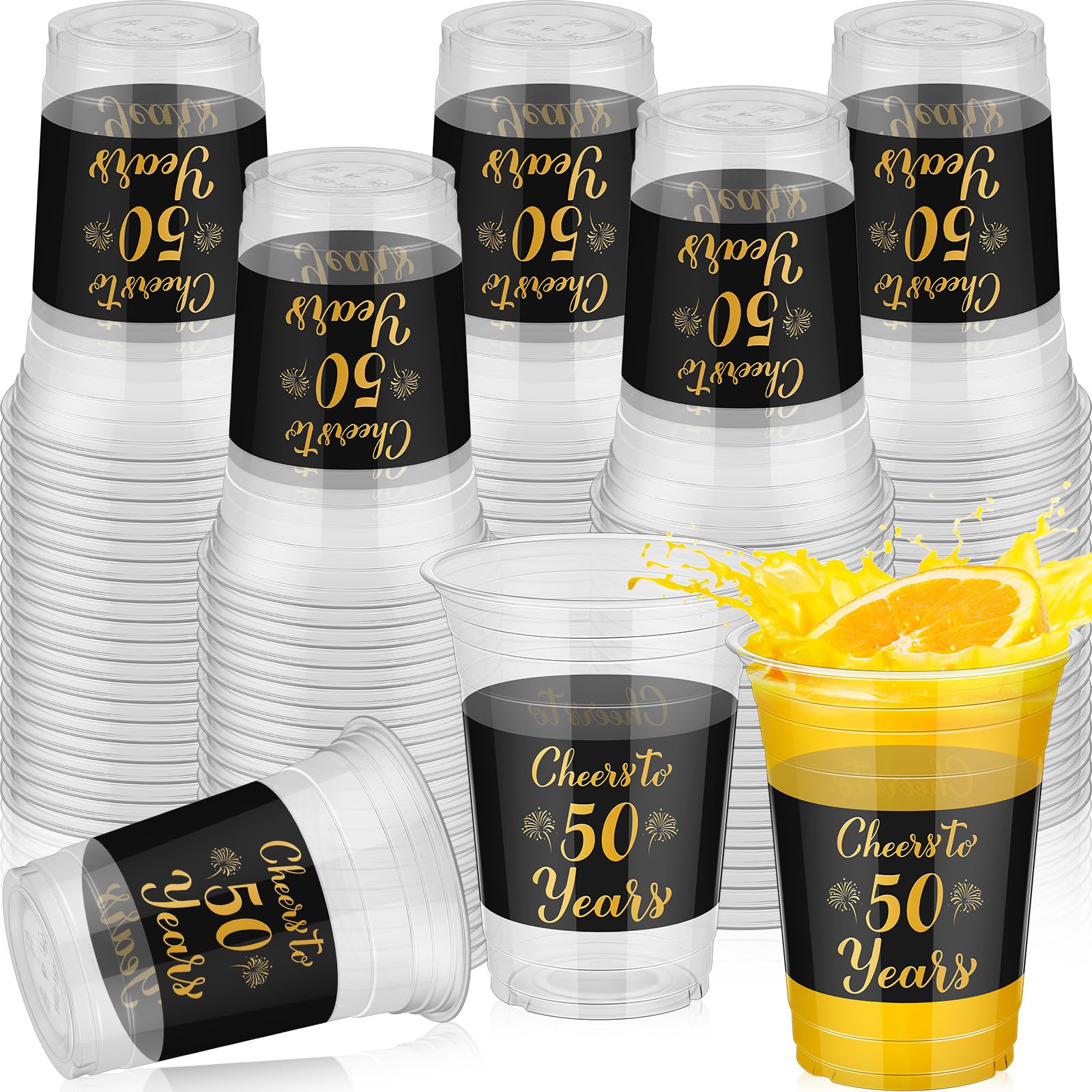 Uiifan 50 Pcs Cheers to 50 Years 16 oz Disposable Plastic Cups Black Gold Cup for Birthday Wedding Anniversary Party Favors Iced Coffee Wine Water