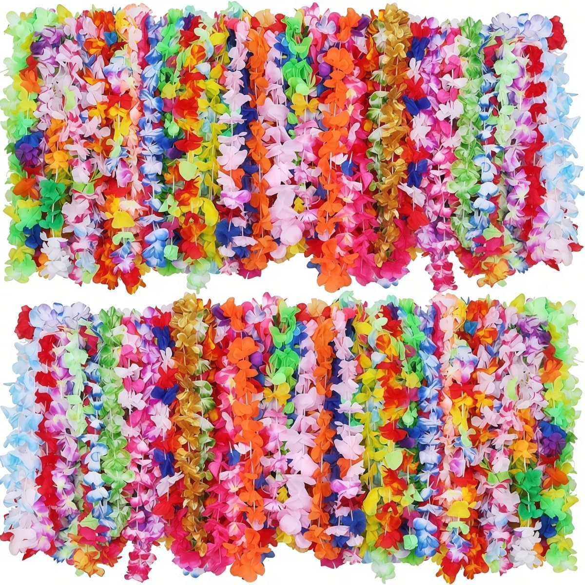 Hawaiian Flower Lei Necklace, Vibrant Tropical Luau Party Decor for Birthday, Beach, Holiday Celebrations, 24Pcs