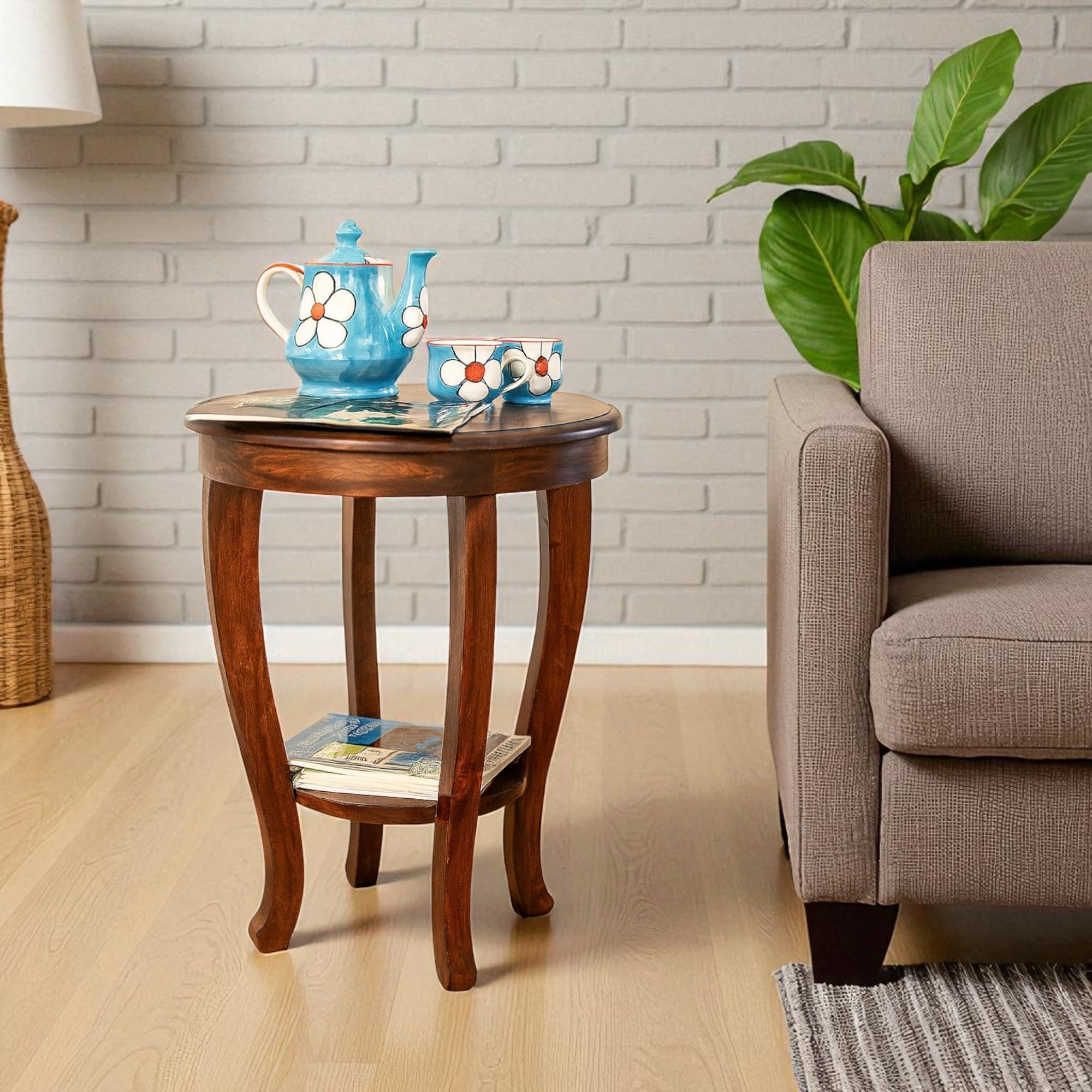 Wood Curls Aurora Round Side Table with Curved Legs, 2-Tier Wooden End Table, Table for Living Room, Bedroom,End Table for Office, Home,Cherry Brown Finish(18inch Diameter x 24 inch Height)-image-47