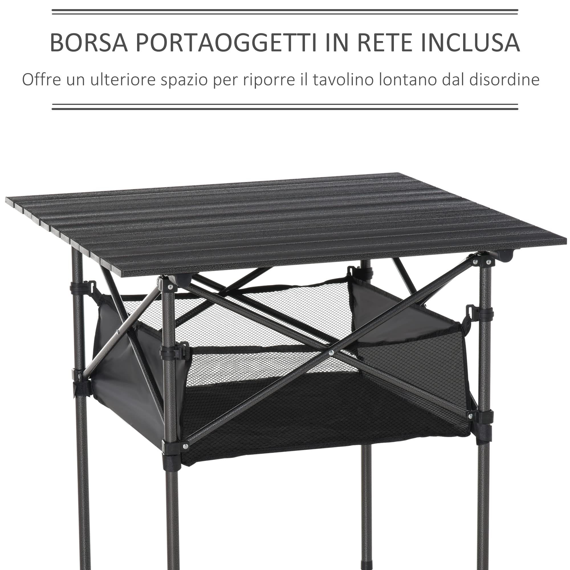Outsunny Tavolo da Campeggio Picnic Pieghevole, Salvaspazio e Arrotolabile con Borsa da Viaggio, Nero 70x70x69cm
