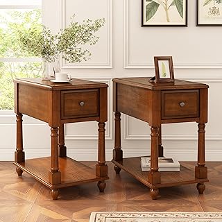 Set of 2 Narrow End Table with Drawer and Shelf, Solid Wood Sofa Side Tables 2-Tier Skinny Table with Storage Slim Bedside Table for Small Space Living Room-Cherry Brown 004DR