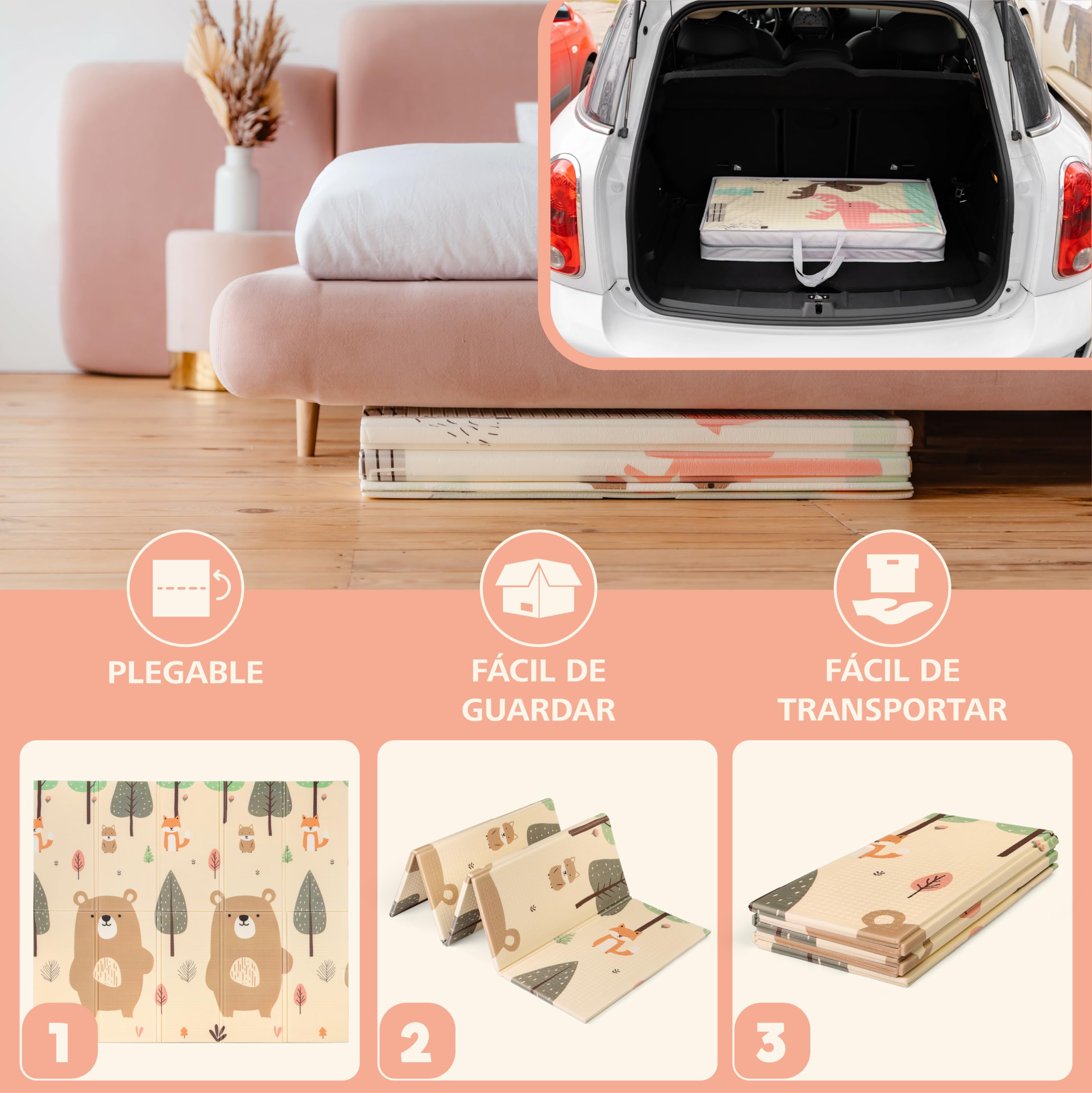 Alfombra Bebe Acolchada Plegable - Alfombra Bebe Sweety Fox 150x180x1cm - Alfombra Infantil Reversible, Plegable e Impermeable - Colchoneta Bebe Suelo para Jugar - Tapete Bebe - Oso