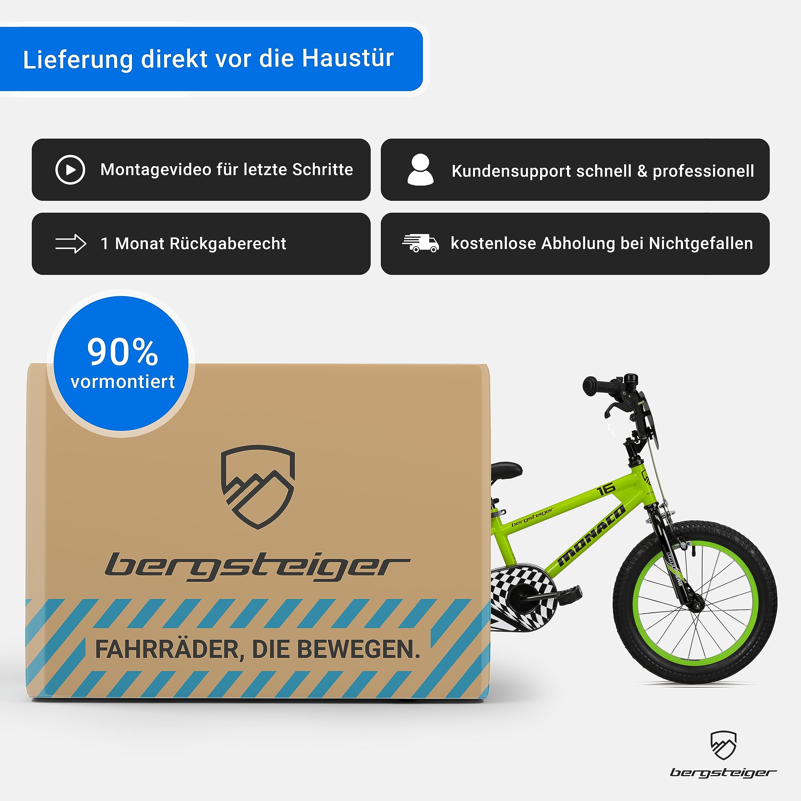 Bergsteiger Monaco 16 Zoll Kinderfahrrad, geeignet für 4, 5, 6 Jahre, BMX, Stützräder, Rücktrittbremse, Trinkflasche, Kettenschutz