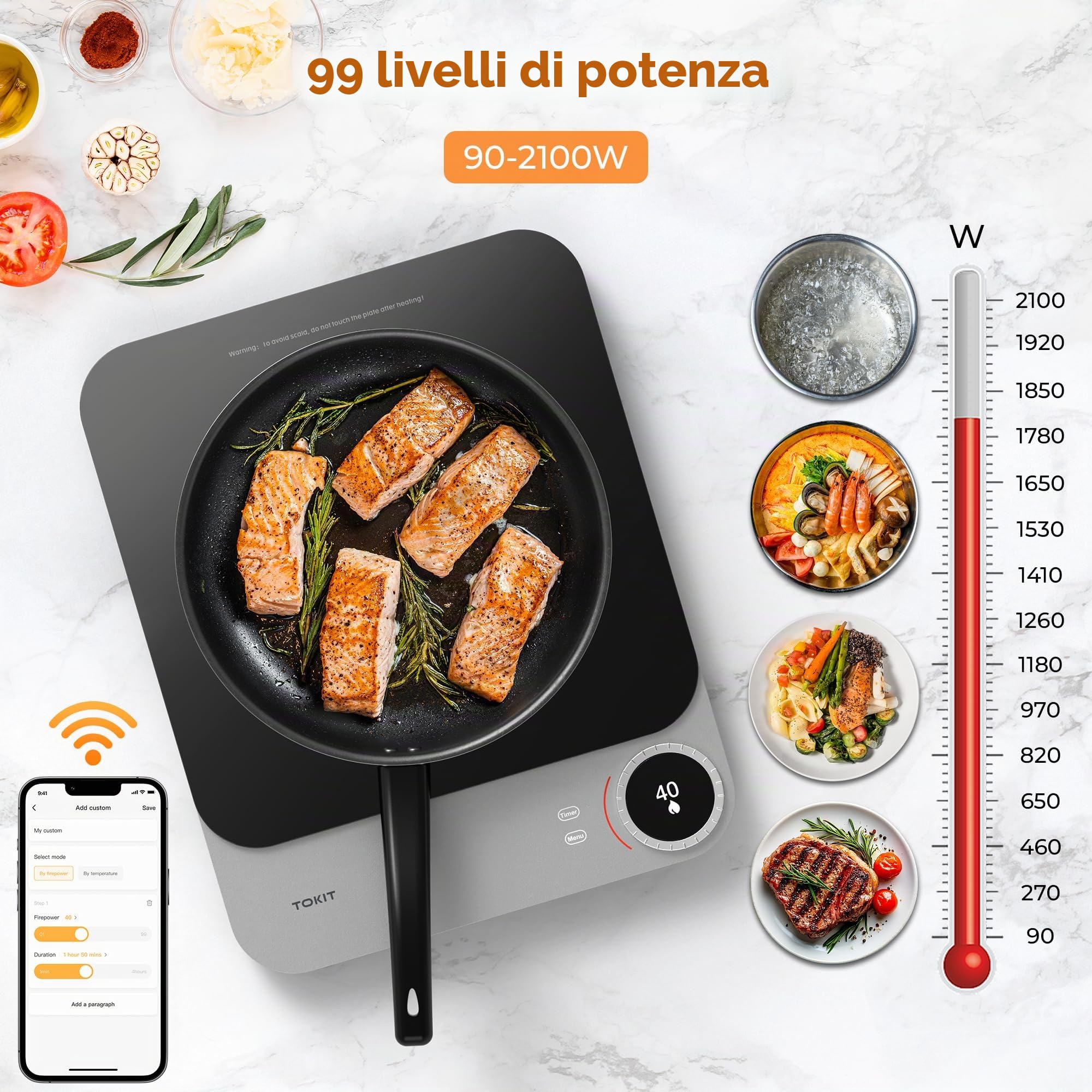 TOKIT Piastra Di Cottura A Induzione, Fuoco A 99 Livelli, Manopola+Controllo A Sfioramento,2100 W, Con Display Oled, Timer, Sensore Di Temperatura Ultra Sottile Da 20 Mm Controllo Tramite App