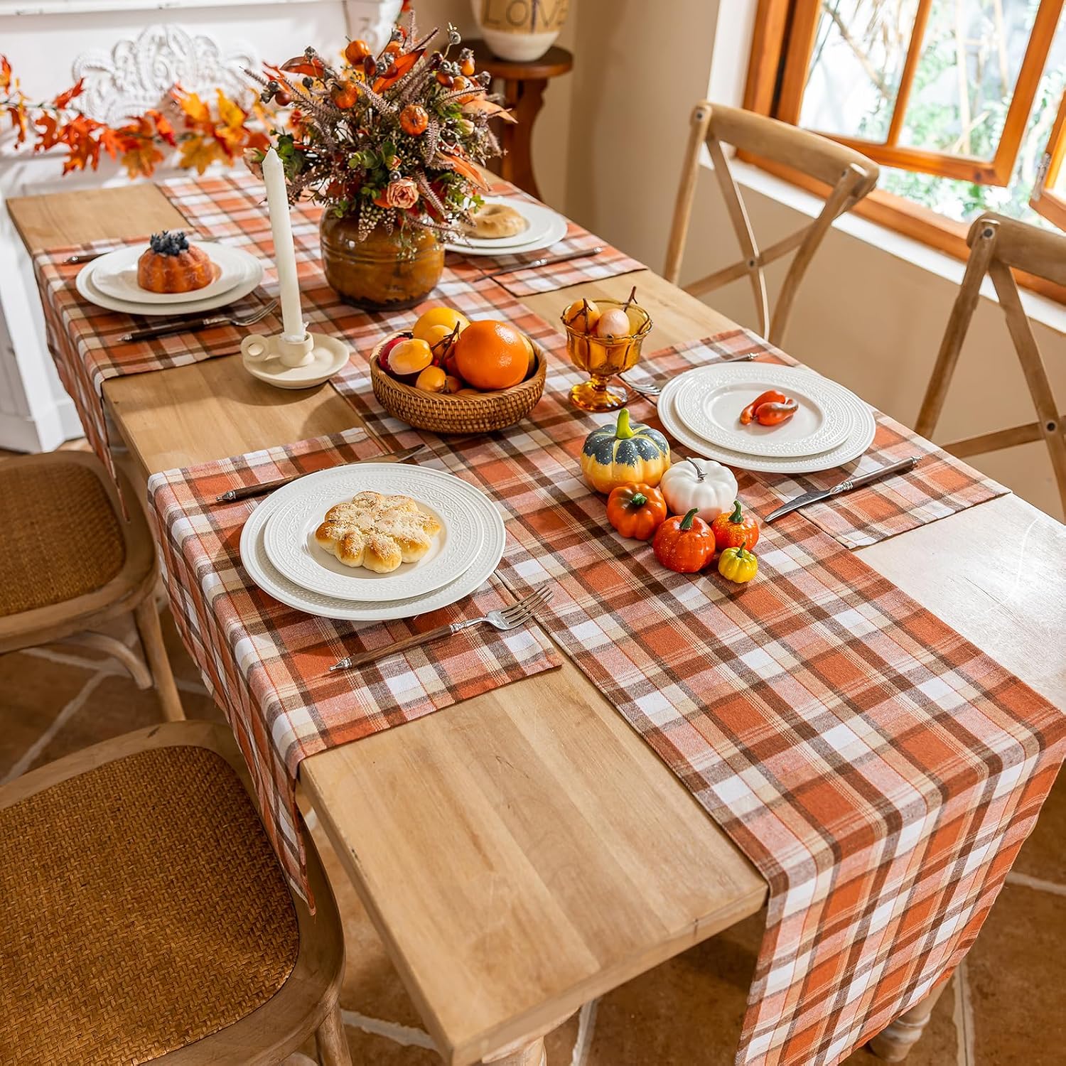 Joyfol Day Thanksgiving Rust Tartan Table Runner - 13x36 Inch Fall & Halloween Decor, Scratch-Proof Washable Plaid Table Decoration for Dining/Kitchen Buffet