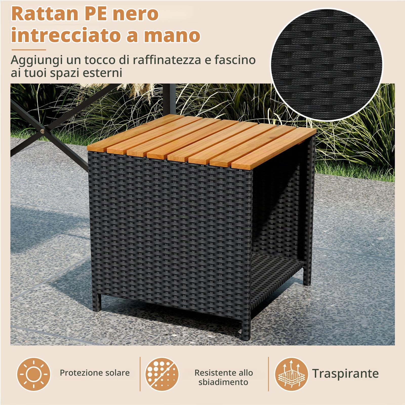 LIFEZEAL Set Salotto da Giardino 2 in 1 Versatile (Nero+Naturale) | Tavolo, 2 Sedie Contenitore in Rattan e Legno di Acacia, Convertibili in Panchina, Portata 360 kg, per Terrazza, Balcone