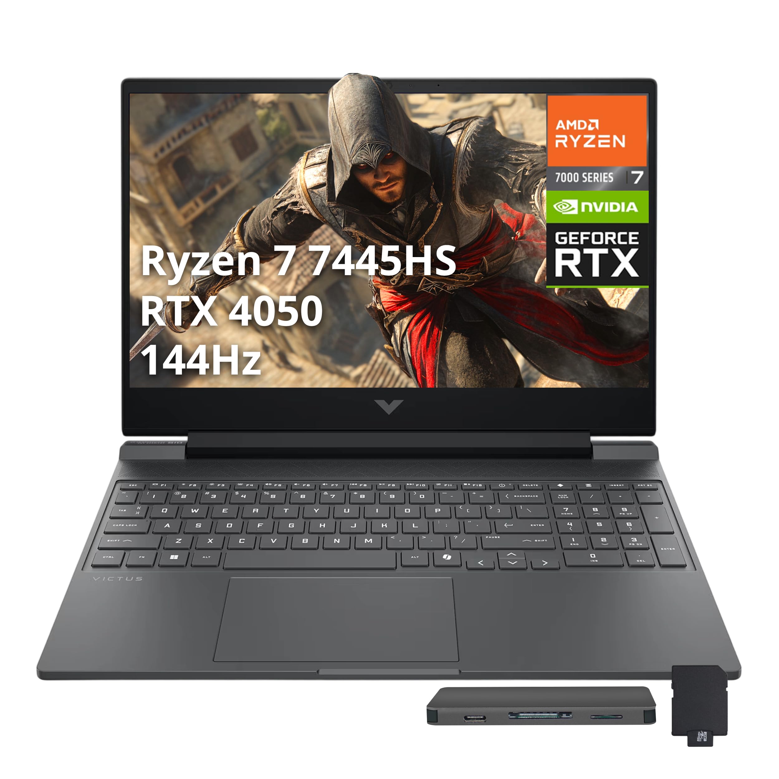 Victus 15.6" FHD 144Hz Gaming Laptop, AMD Ryzen 7 7445HS, NVIDIA GeForce RTX 4050, 16GB DDR5, 512GB SSD, Backlit Keyboard, Num Keypad, Wi-Fi 6, Win 11 Pro, Mica Silver, 256GB Docking Station Set
