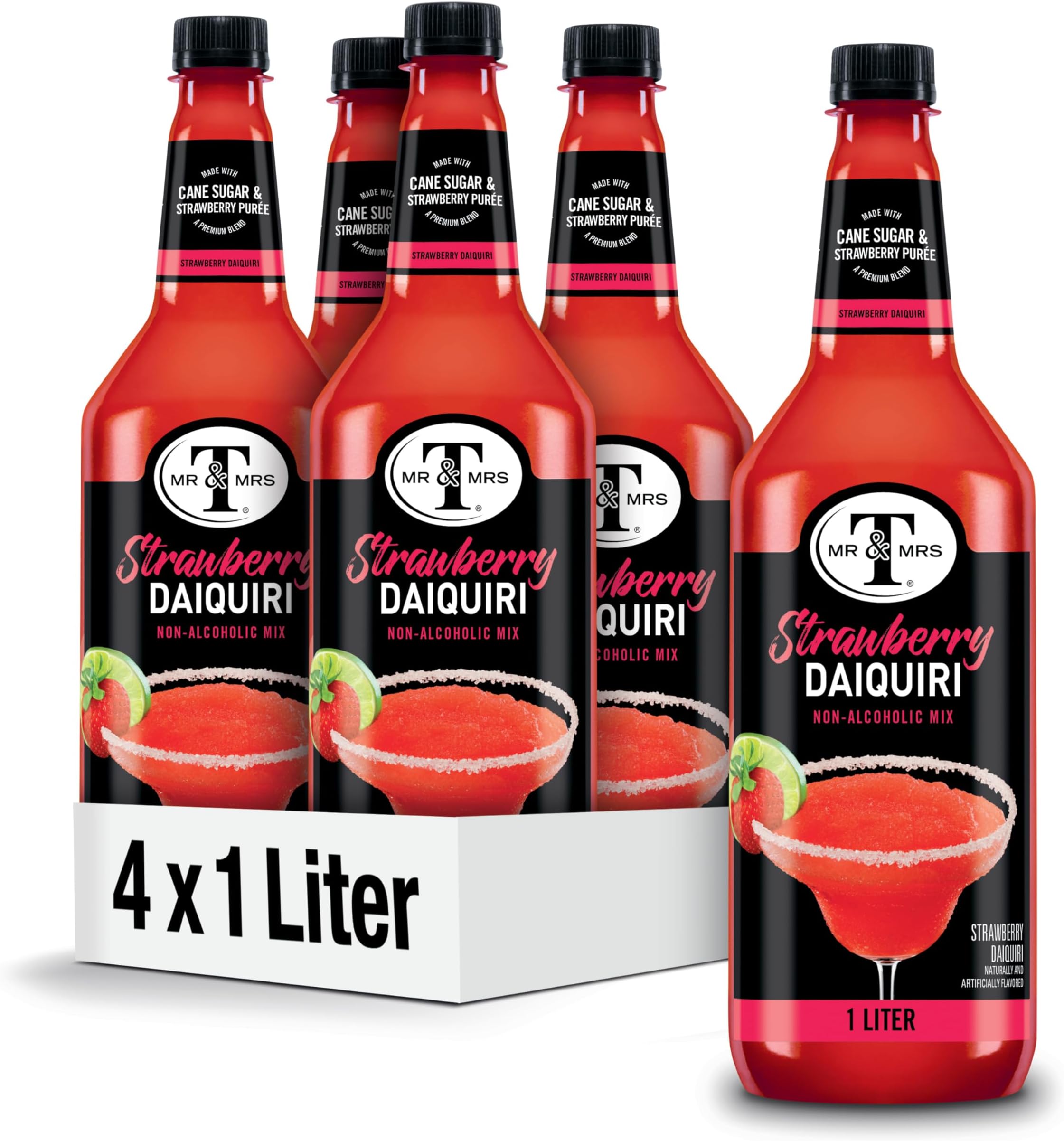 Mr & Mrs T Strawberry Daiquiri Margarita Mix, 1 L bottle (Pack of 4), Strawberry Flavored Cocktail Mixer, Made with Cane Sugar, Perfect for Strawberry