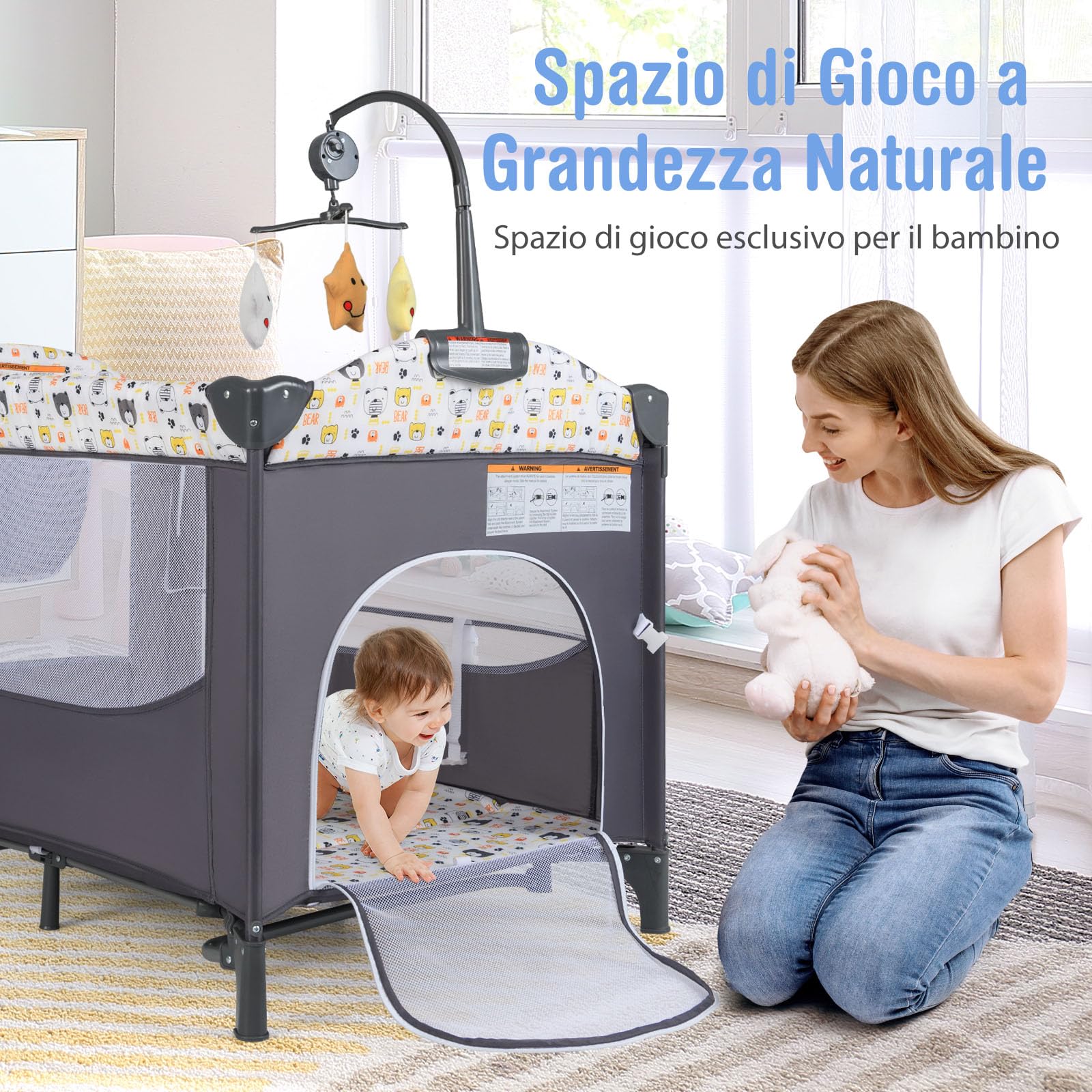 GYMAX Lettino Culla Fianco Letto, con Fasciatoio, Morbido Cuscino, Giocattoli Appesi e Spazio di Stoccaggio, Regolabile in Altezza, Box per Neonato, 2 Ruote e Borsa per Viaggio (Grigio e Giallo)