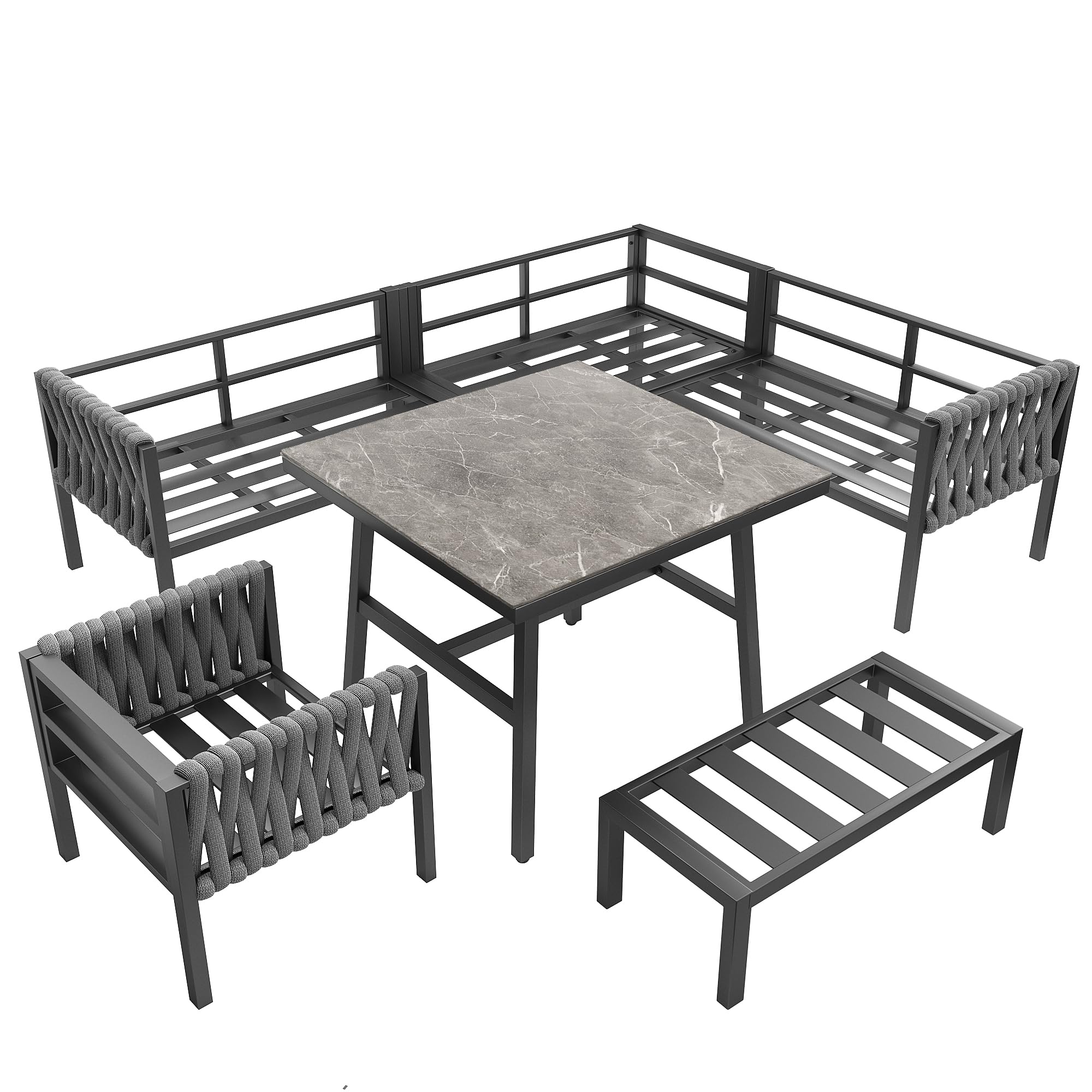 Mrwoo Juego de Muebles de Jardín de Cuerda, Sofá Esquinero Exterior con Hierro Galvanizado, Mesa con Cristal Templado, Patas Ajustables, Cojines de Asiento y Respaldo Incluidos, Gris
