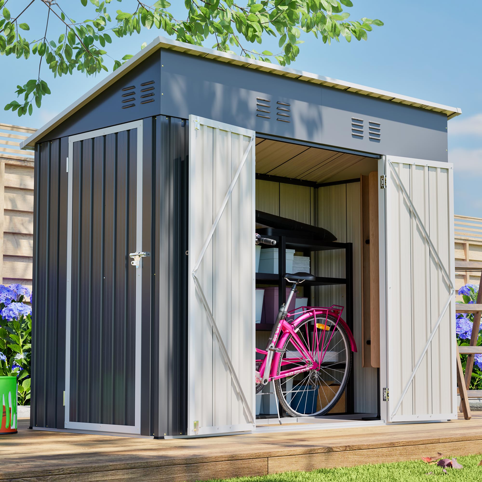 LANTRO JS 8x4ft Outdoor Metal Shed with Floor, Garden Storage Shed with 3 Doors and 4 Air Vents, Tool Shed Bike Shed with Sloping Roof, Waterproof and UV Resistant