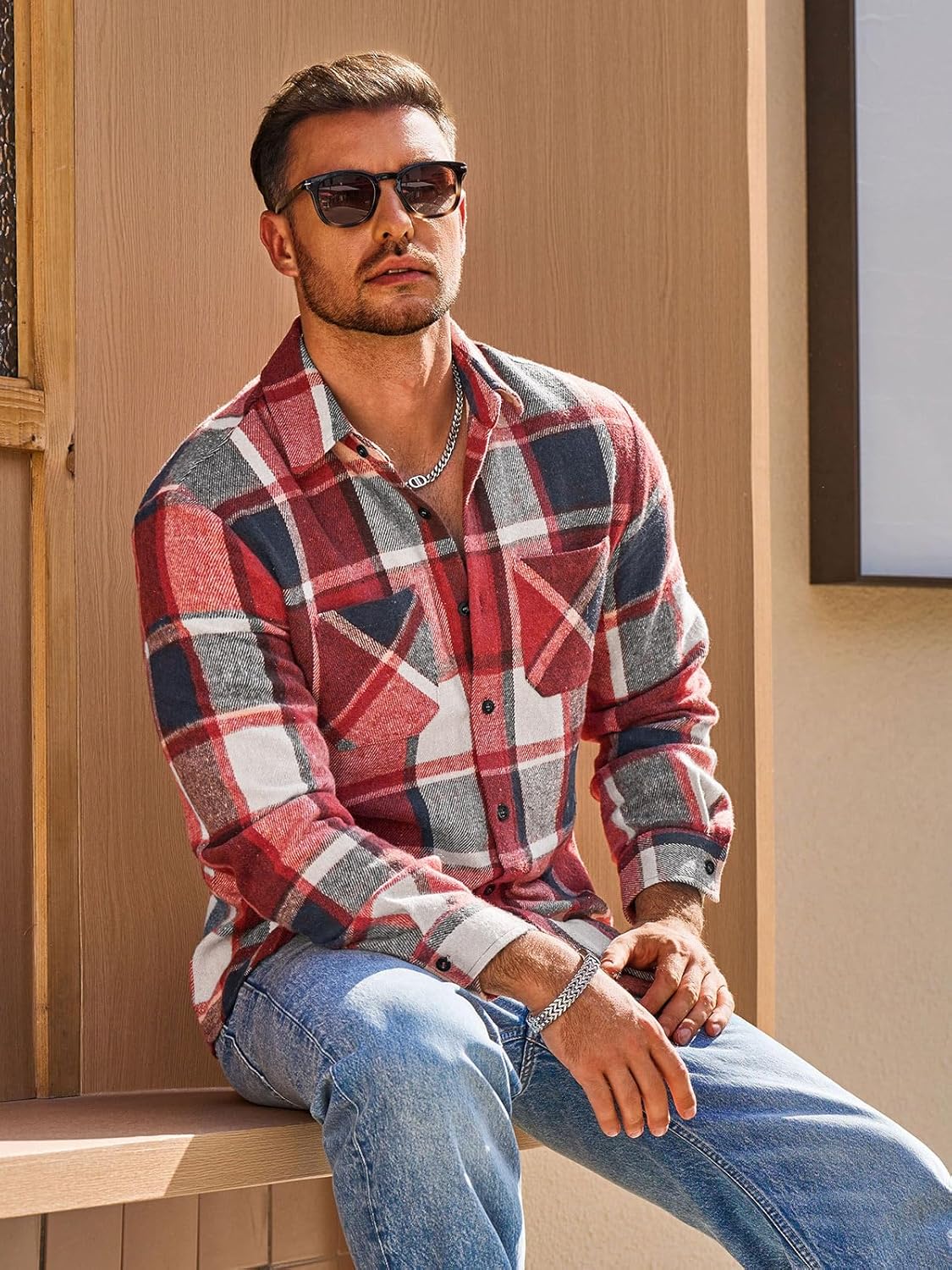 Yousify Mens Flannel Shirts Button Down Long Sleeve Cotton Plaid Shirt Jacket Casual Fall Shackets with Pockets - Image 2