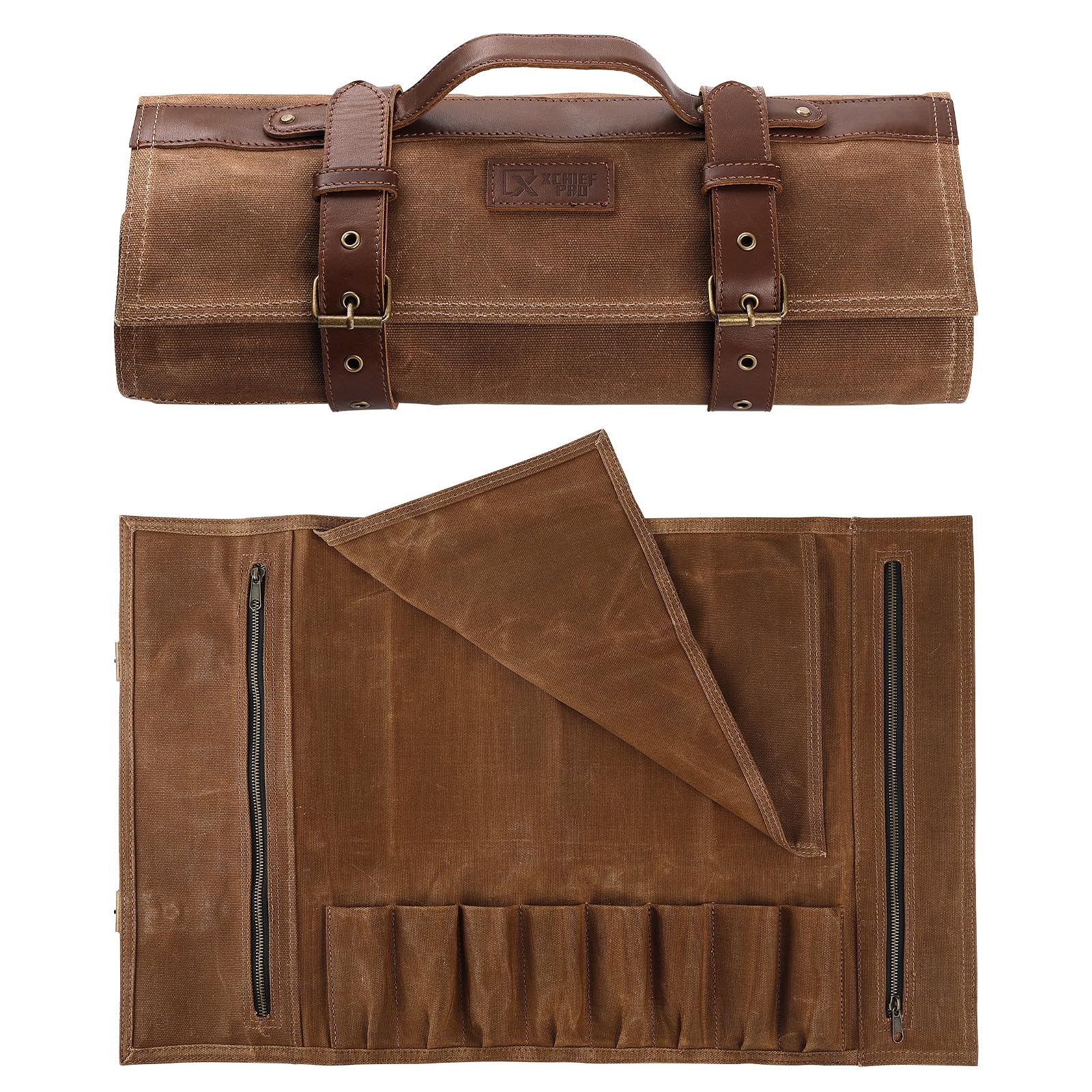 Chef Knife Roll Bag-Professional Chef Knife Case-16oz Waxed Canvas and Premium Leather -With 8 Slots Plus 2 Zipper Pockets to Hold Kitchen Cooking Tools-Travel Tool Roll Pouch(Bag Only)