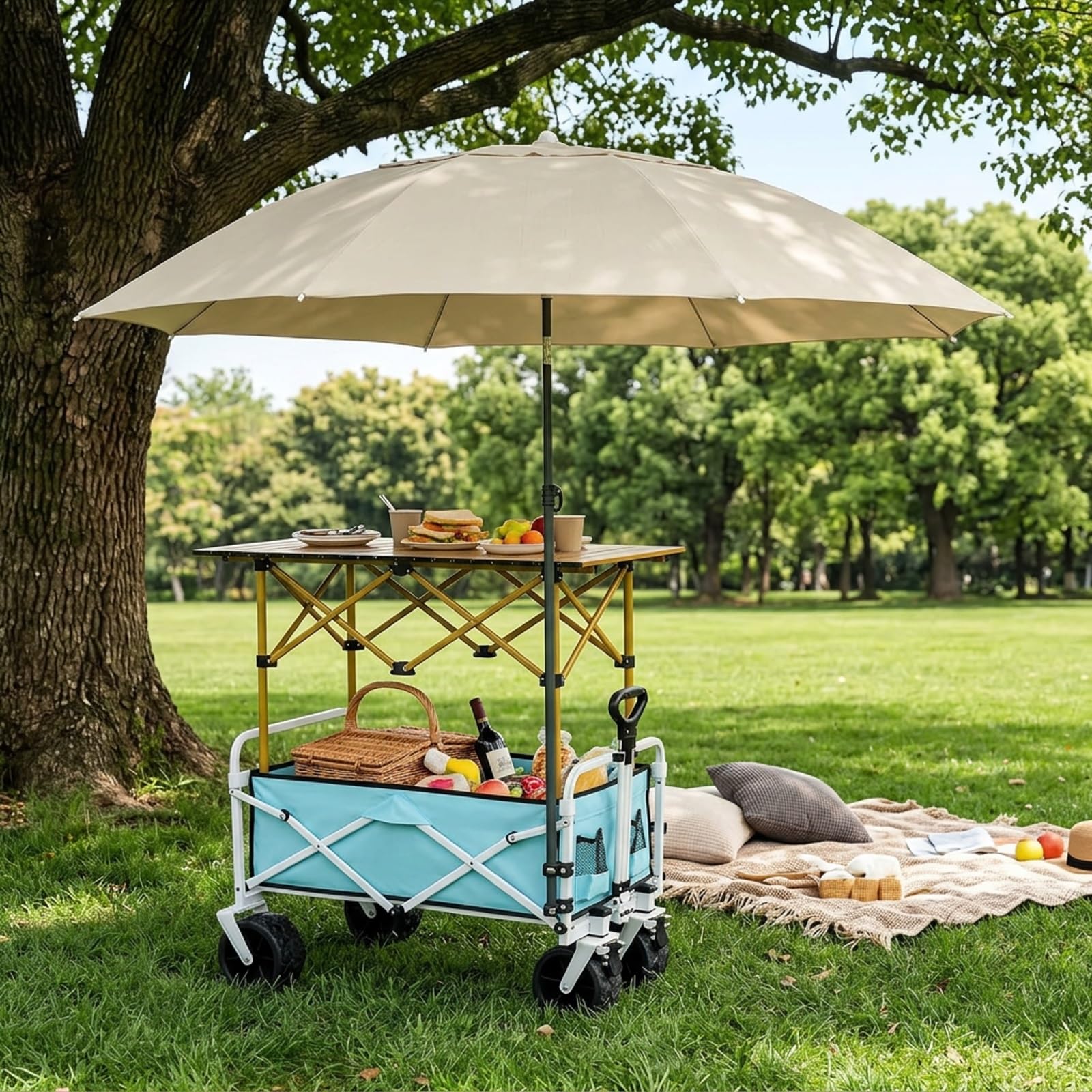 Carrito de Venta Ambulante Plegable,Puesto móvil Profesional | Diseño plegable,ruedas giratorias 360° con freno,ideal para ferias y mercados(Blauw,118cm/46.5in)