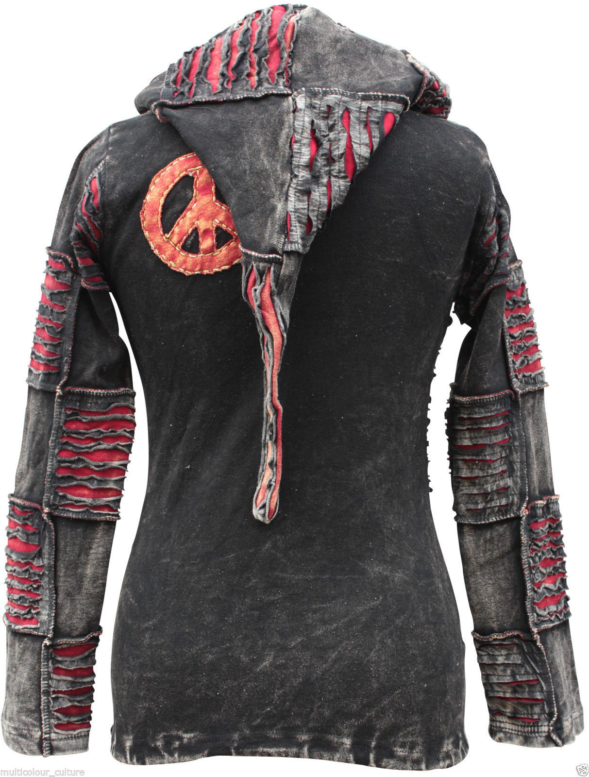 SHOPOHOLIC FASHION Slashed Patchwork Zippé Noir Sweat à Capuche pour Femmes, Sweatshirt Long en Coton Lavé à la Pierre