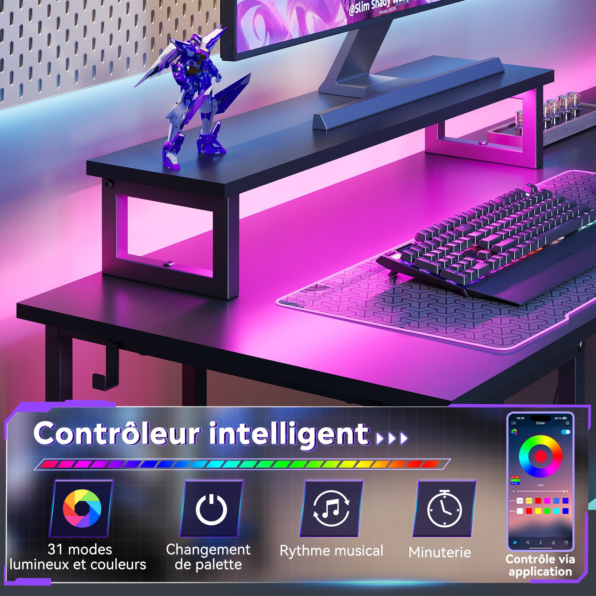 DEVAISE Bureau d'angle en L 140 x 120 cm avec Prises, LED et Étagères de Rangement, Table pour Gaming, Bureau et Télétravail, Noir
