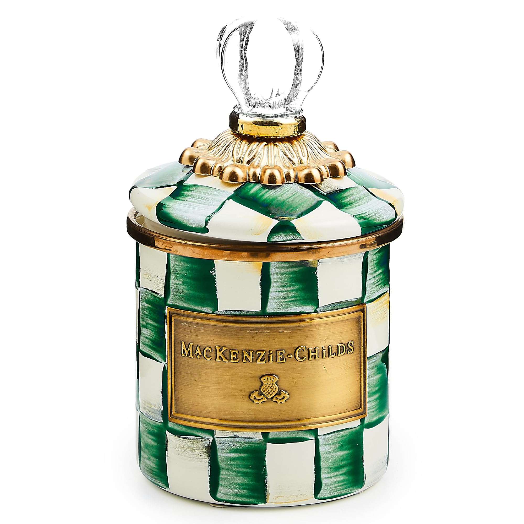 Mini Enamel Canister, Kitchen Storage Container with Lid, Green-and-White Emerald Check