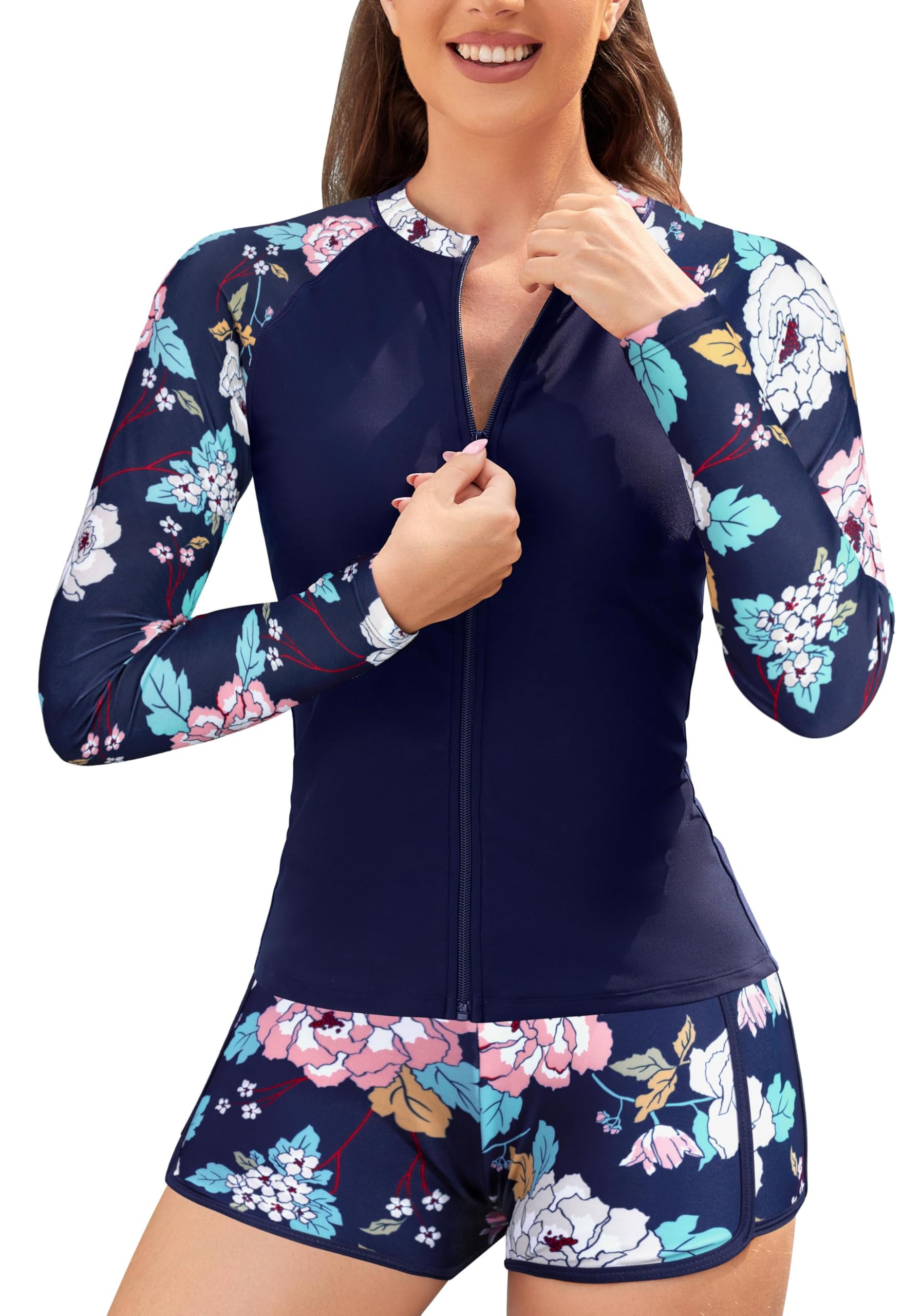 SHEKINI 3-teiliges Damen Rash Guard Tankini Set - Langarm Schwimmshirt Mit Reißverschluss & Badeshorts