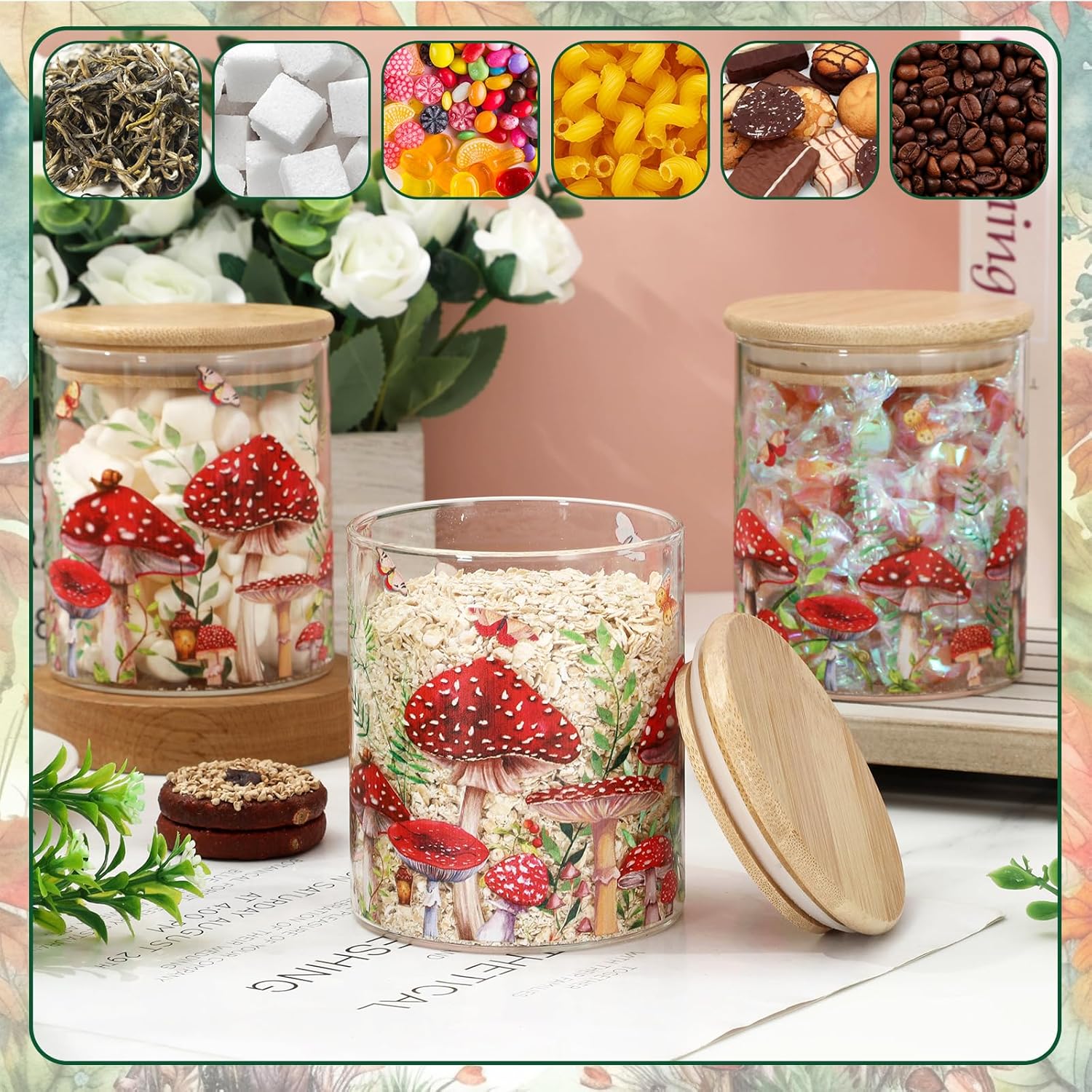 JarThenaAMCS 3Pcs Mushroom Forest Glass Storage Jars with Airtight Lid Fern Butterfly Decorative Sugar Canisters Sets for Cookie Spice Home Kitchen Organizers Countertop