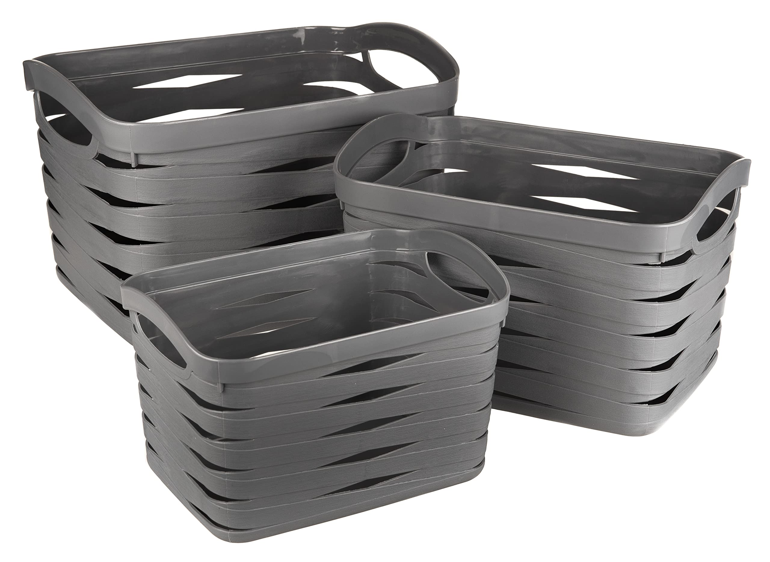 LIVIVO Set of 3 Plastic Storage Baskets - Kaari - Weaved BPA Free Organiser Box with Handles & Breathable Design - Multipurpose Home Storage Bin for Kitchen, Bathroom, Bedroom & Office (Full Set)