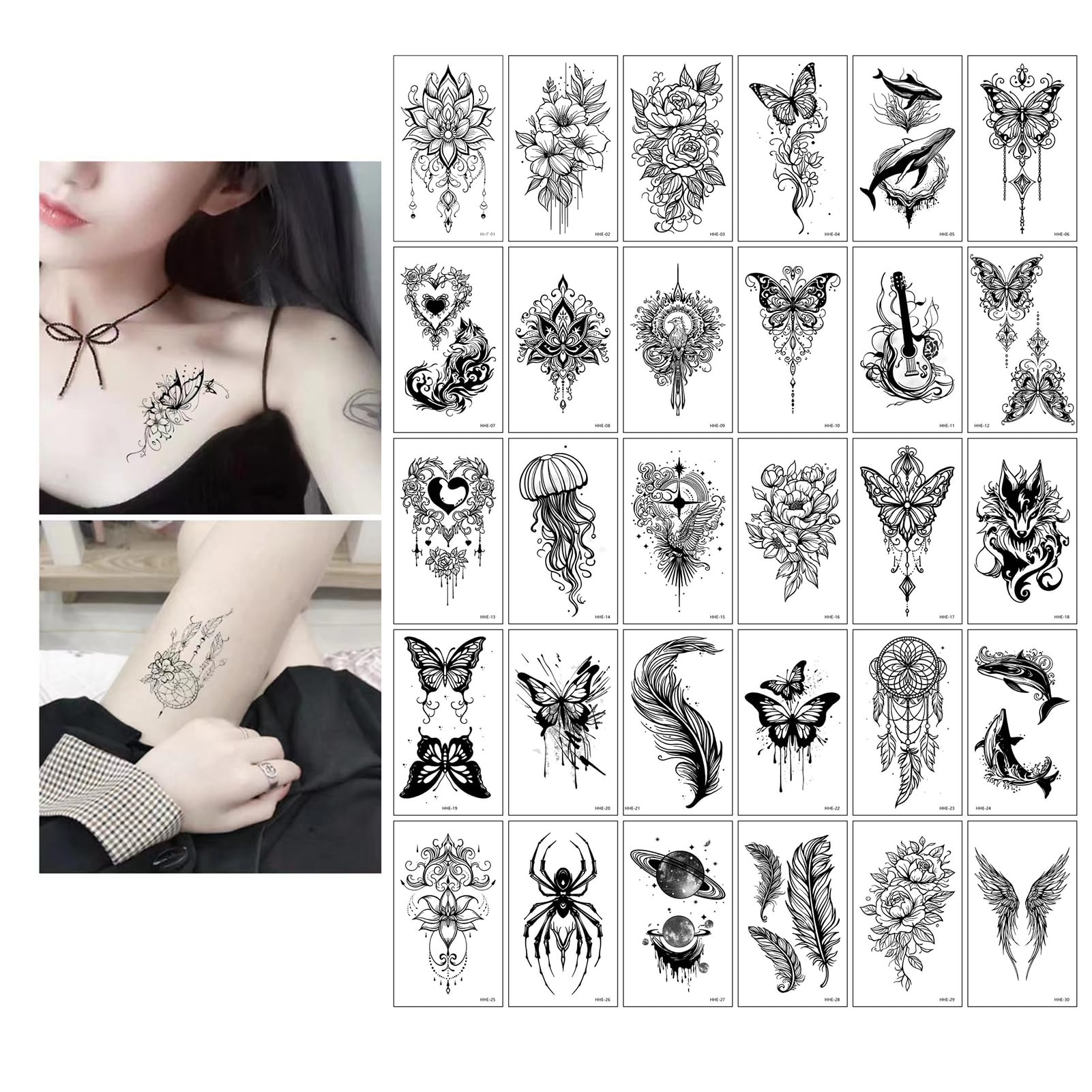 30 Permanent Flower Temporary Fake Tattoos, Suitable For Women's Arms And Neck, New Black And White Tattoo Stickers, Suitable For Adult Girls, Butterfly, Flower Sexy Women's Simulated Tattoo Stickers