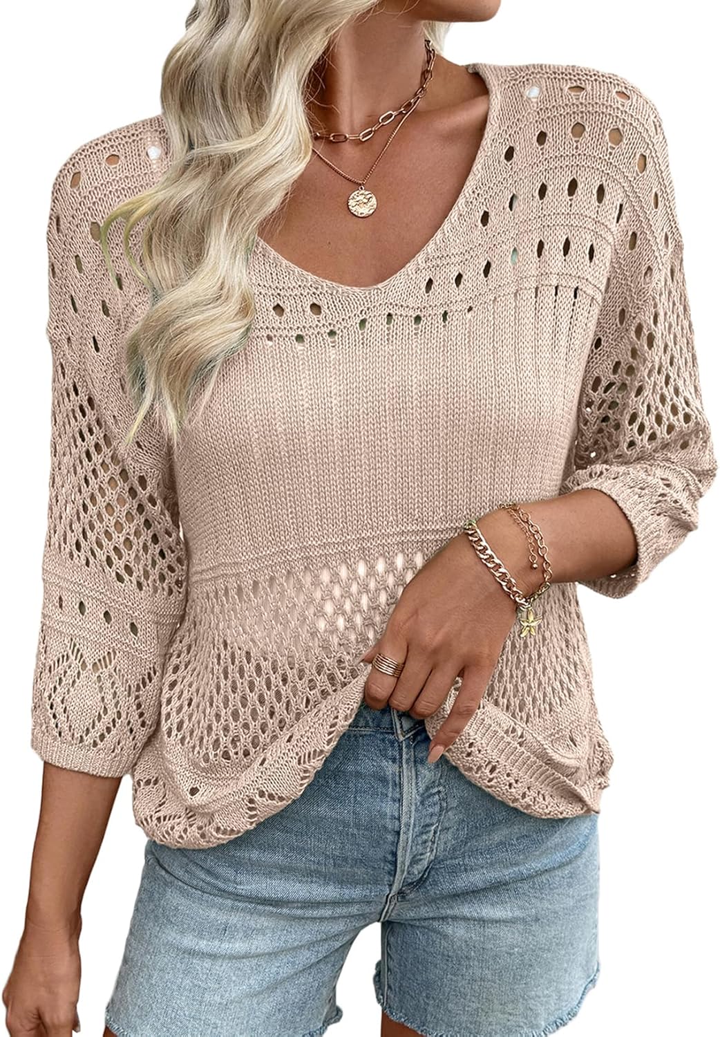 EVALESS Womens Lightweight Sweaters Crochet Hollow Out Knit Tops 3/4 Sleeve Beach Vacation Clothes for Women Trendy 2026