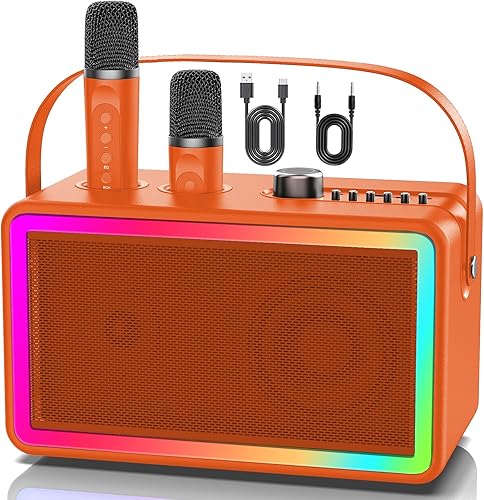MVKCN Máquina de karaoke de madera con dos micrófonos inalámbricos para adultos y niños, altavoz Bluetooth recargable con graves para niñas y niños,