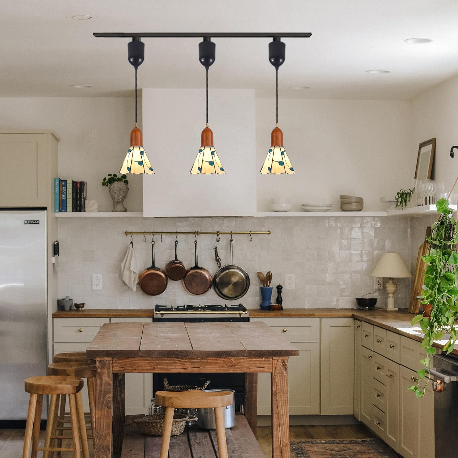 E26 Socket Freehand Glass H-Type Track Lighting Pendant Restaurant Blue Leaves Light Adjustable Wire Length, Halo Track Mounted for Kitchen 3 Lights,4 ft,(Walnut Wood)